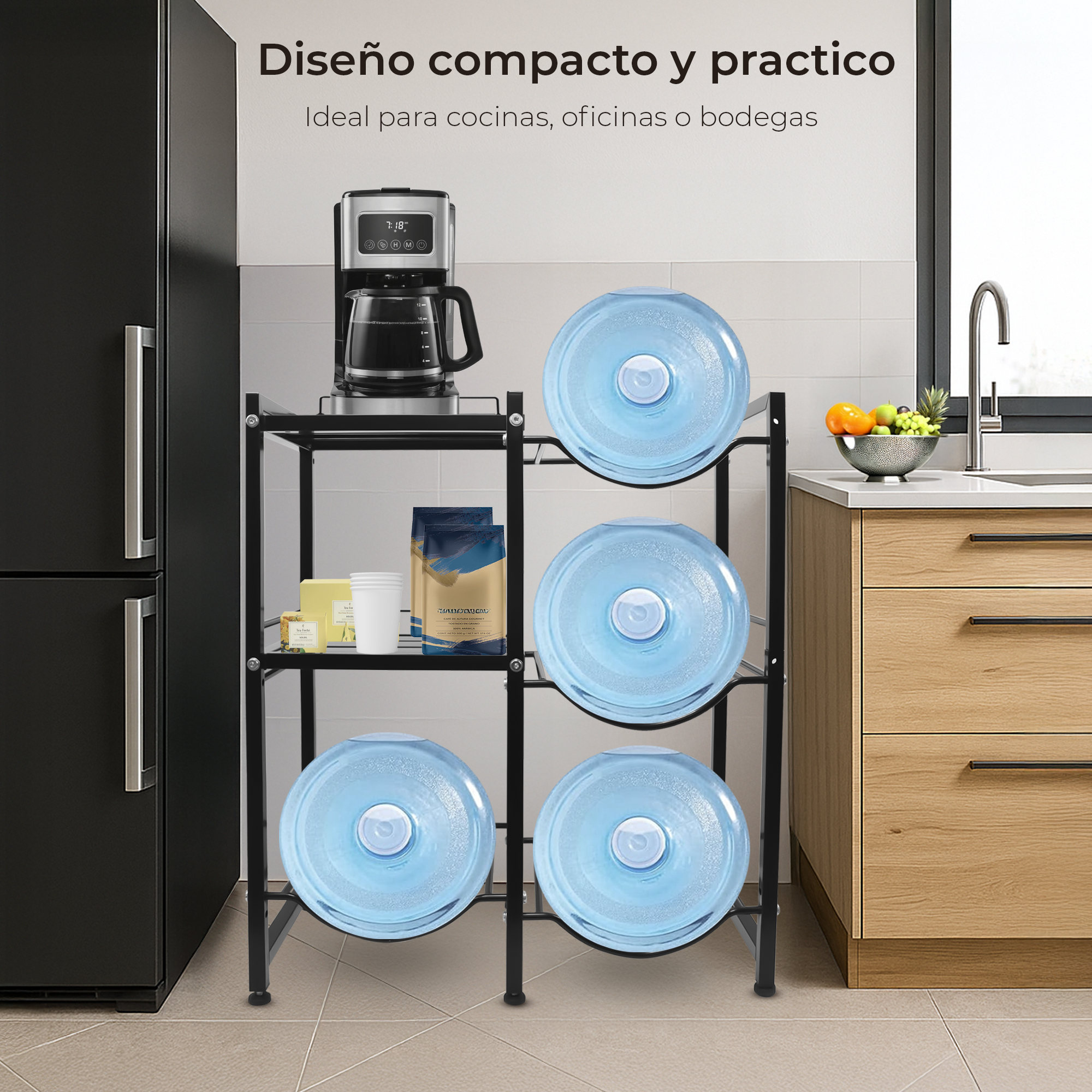 Estante con Repisas para 4 Garrafones – Soporte Metálico Resistente para Agua en Hogar u Oficina