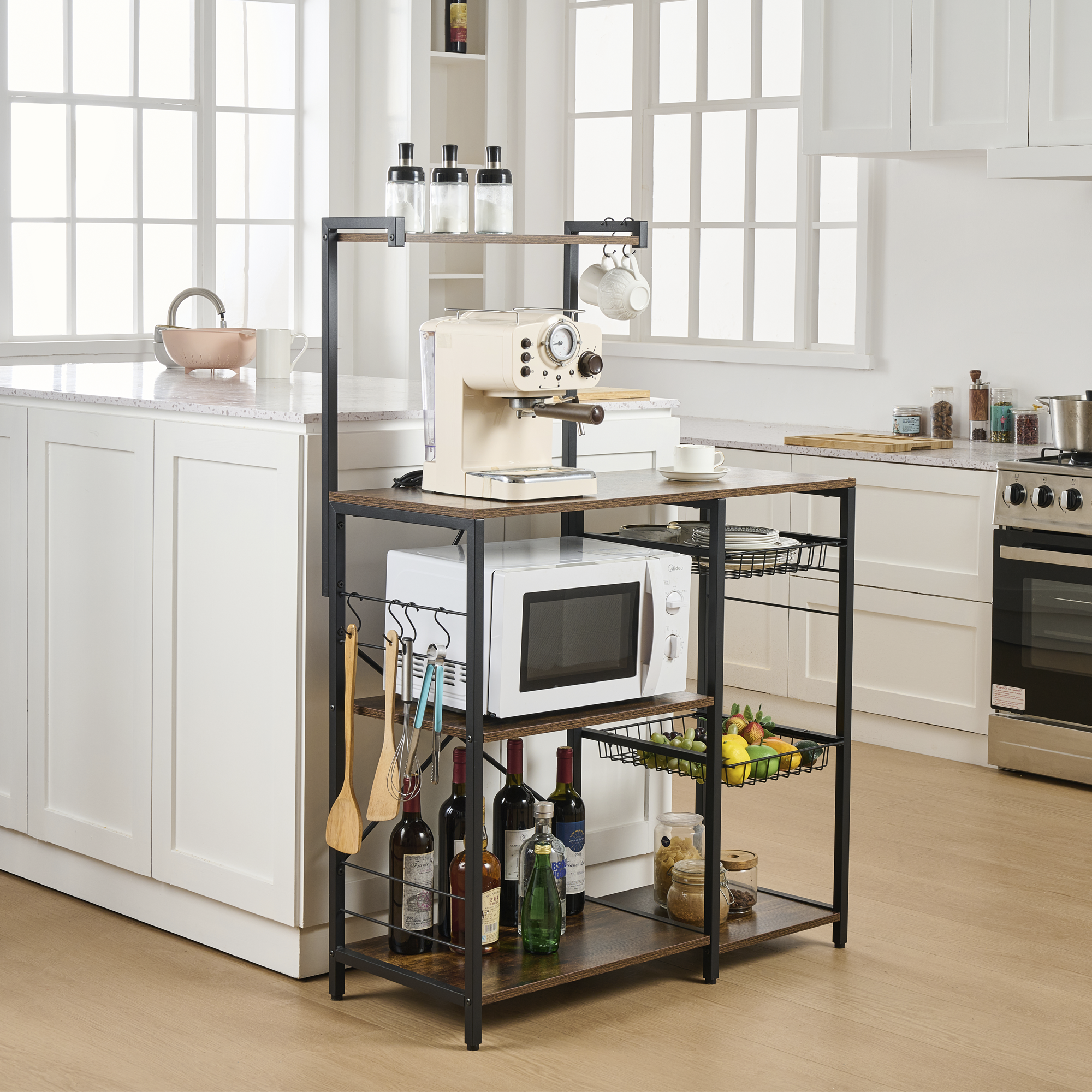 Estante Multiusos con Enchufe Integrado con 2 Cestas Deslizables y Rejilla para Microondas