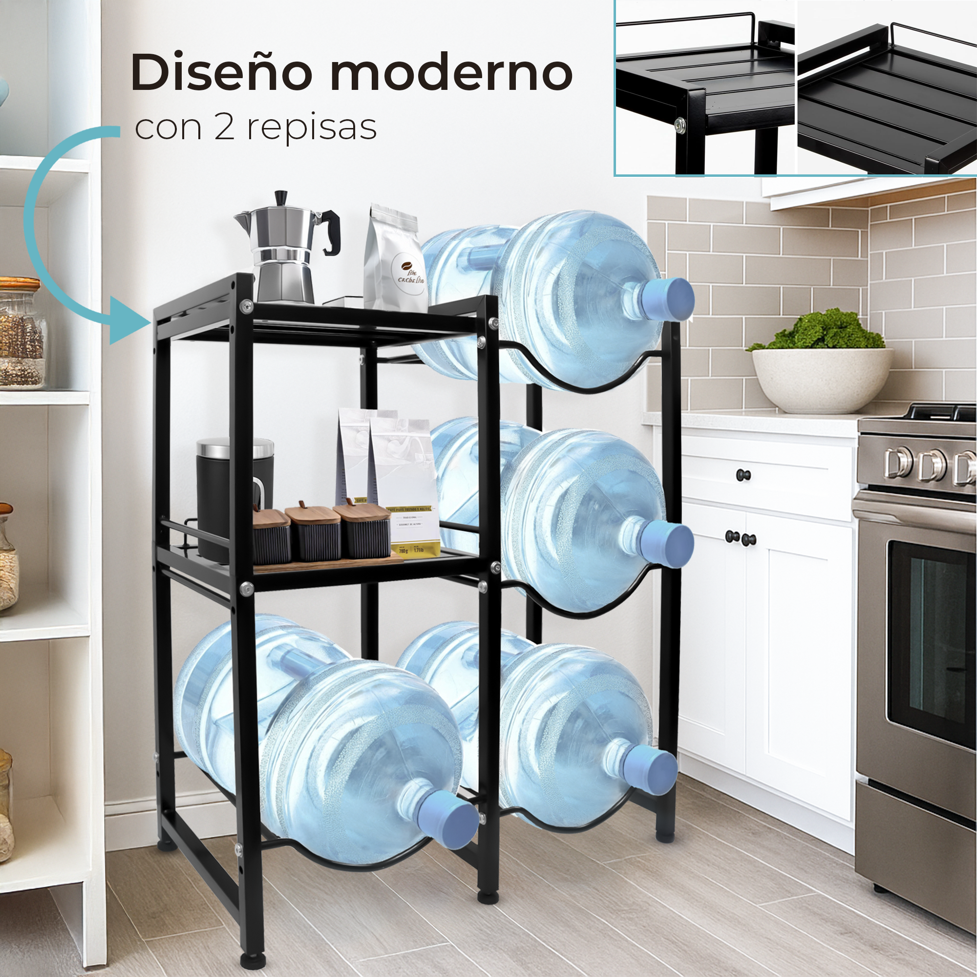 Estante con Repisas para 4 Garrafones – Soporte Metálico Resistente para Agua en Hogar u Oficina