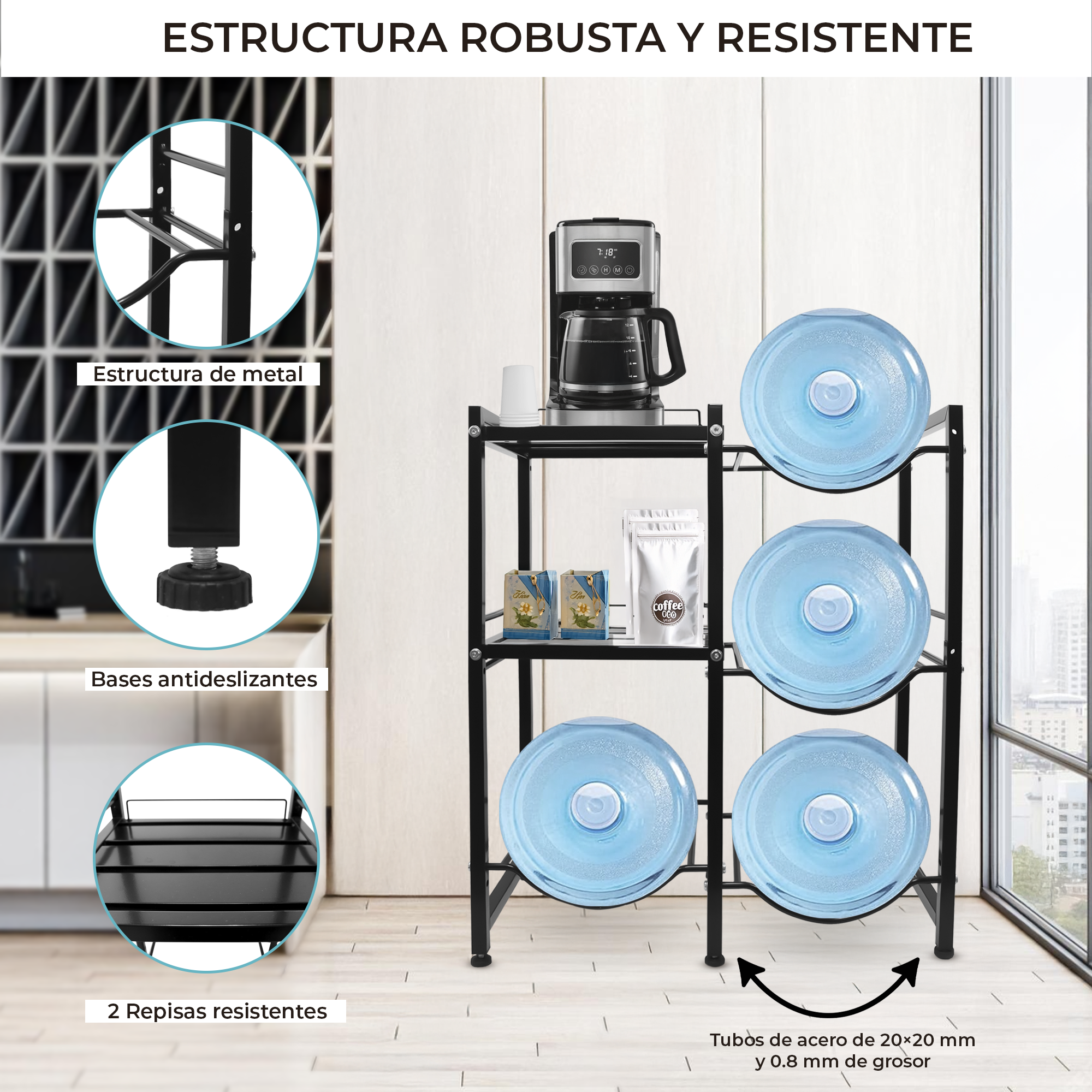 Estante con Repisas para 4 Garrafones – Soporte Metálico Resistente para Agua en Hogar u Oficina
