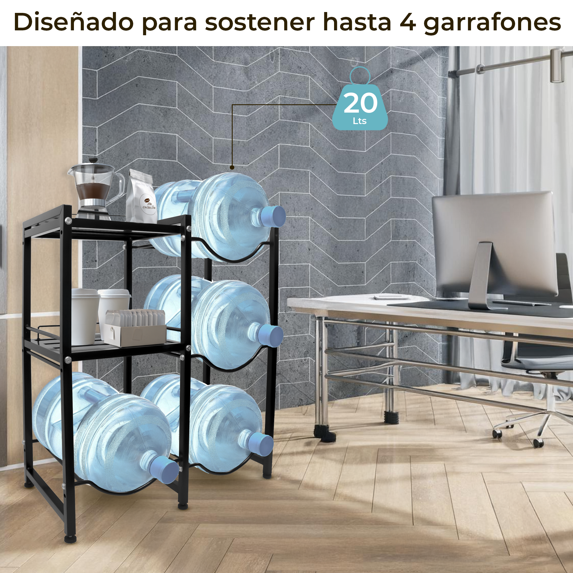 Estante con Repisas para 4 Garrafones – Soporte Metálico Resistente para Agua en Hogar u Oficina