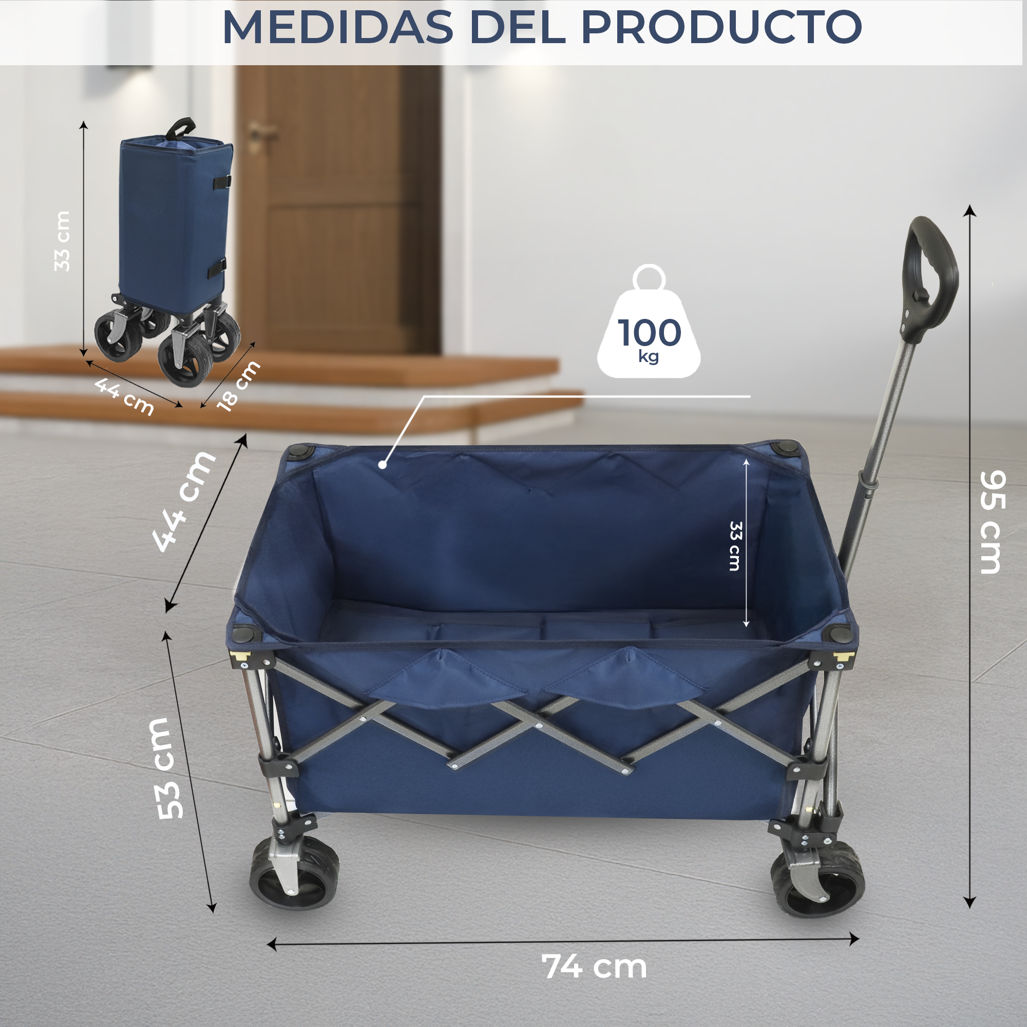 Carrito Vagón Plegable De Capacidad 100 kg con Ruedas Giratorias 360°, Carretilla Portátil para Mascota y Carga
