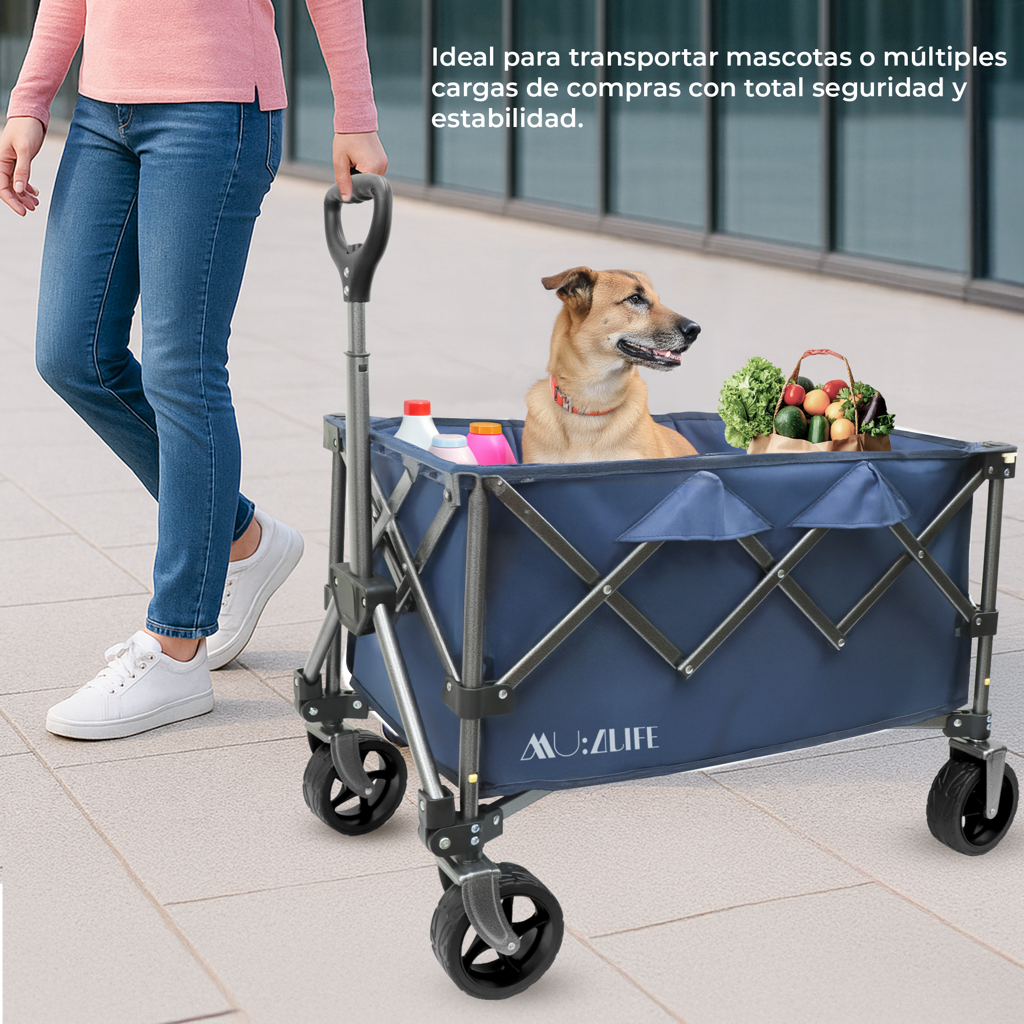 Carrito Vagón Plegable De Capacidad 100 kg con Ruedas Giratorias 360°, Carretilla Portátil para Mascota y Carga