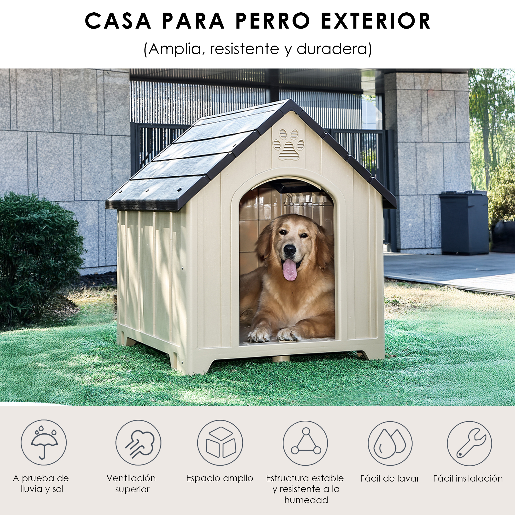 Casa Jaula para Perro de Plástico para Exteriores e Interiores, Resistente al Agua, con Ventilación y Base Reforzada y Anclajes al Suelo