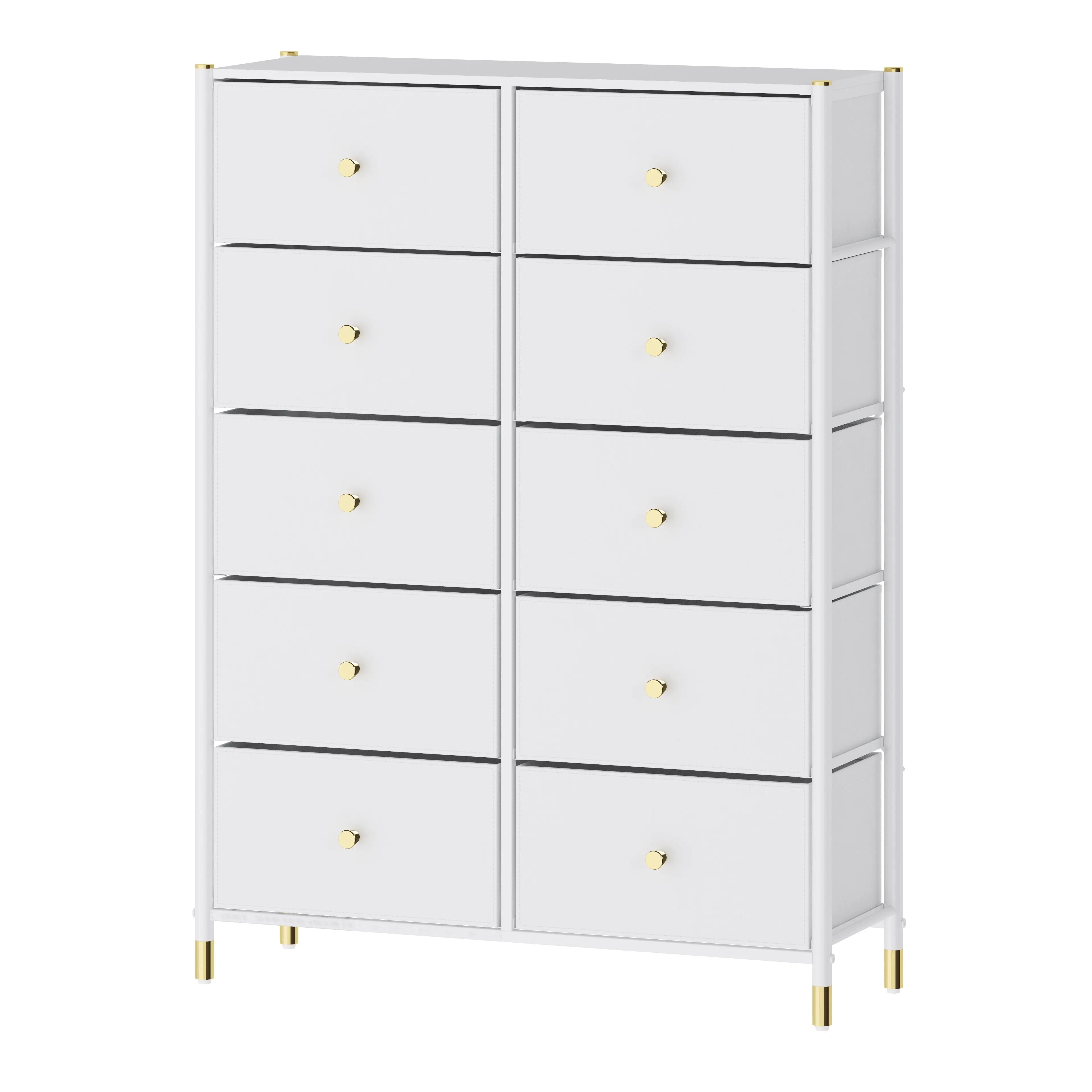 Cómoda de 10 Cajones para Almacenamiento en Hogar y Oficina, Organizador con Estructura Metálica, Tabla de MDF y Cajones de Tela No Tejida con Cubiertas de Cuero PU MU:4LIFE