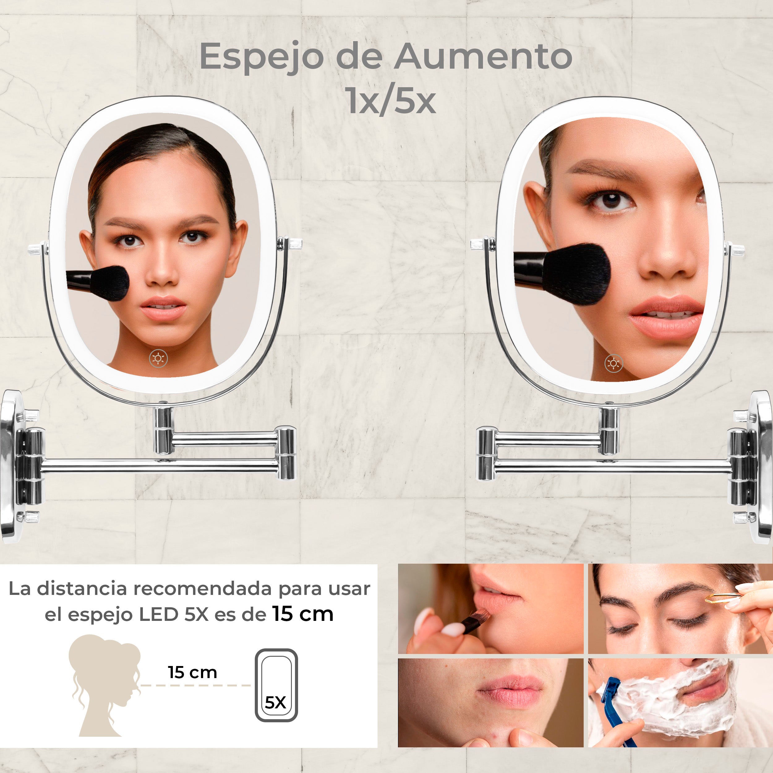 Maquillali-Espejo Oval Recargable con LED 3 Colores, Aumento 1X/5X, Brazo Extensible y Rotación 360