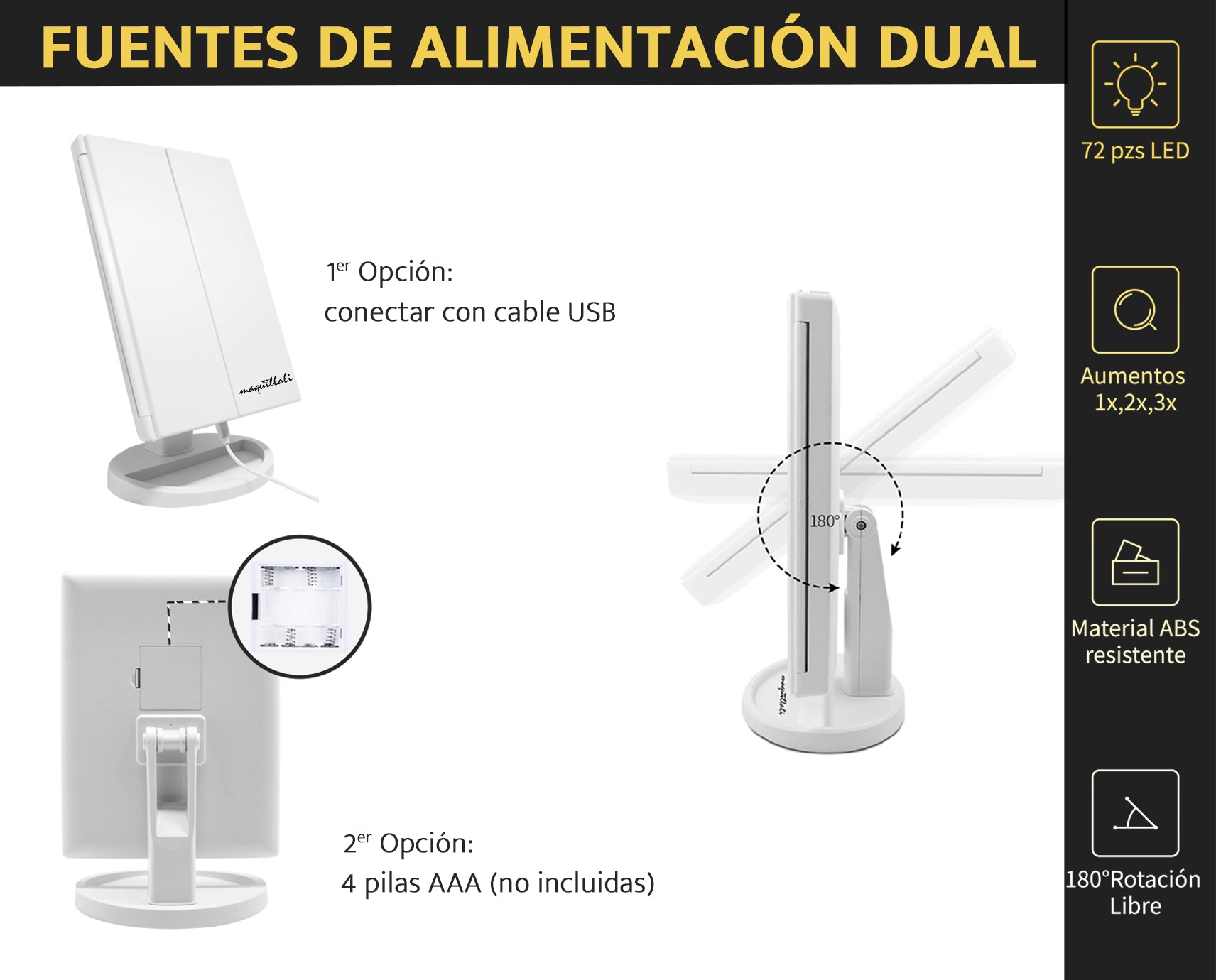 Espejo de Maquillaje Tríptico con 72 LEDs, Iluminación Ajustable y Aumento 1X/2X/3X