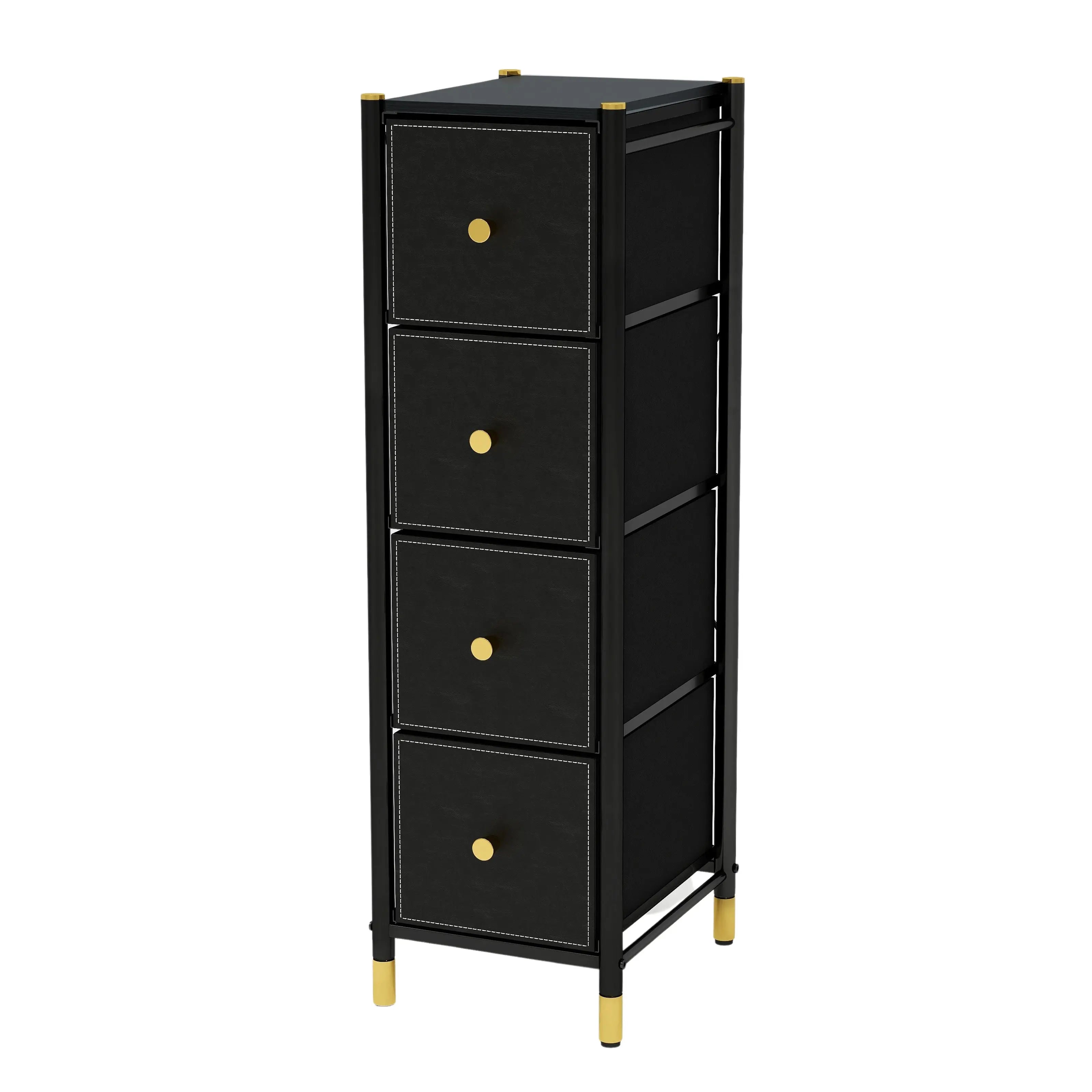 Cómoda Estrecha de 4 Cajones para Almacenamiento en Hogar y Oficina, Organizador con Estructura Metálica, Tabla de MDF y Cajones de Tela No Tejida con Cubiertas de Cuero PU MU:4LIFE