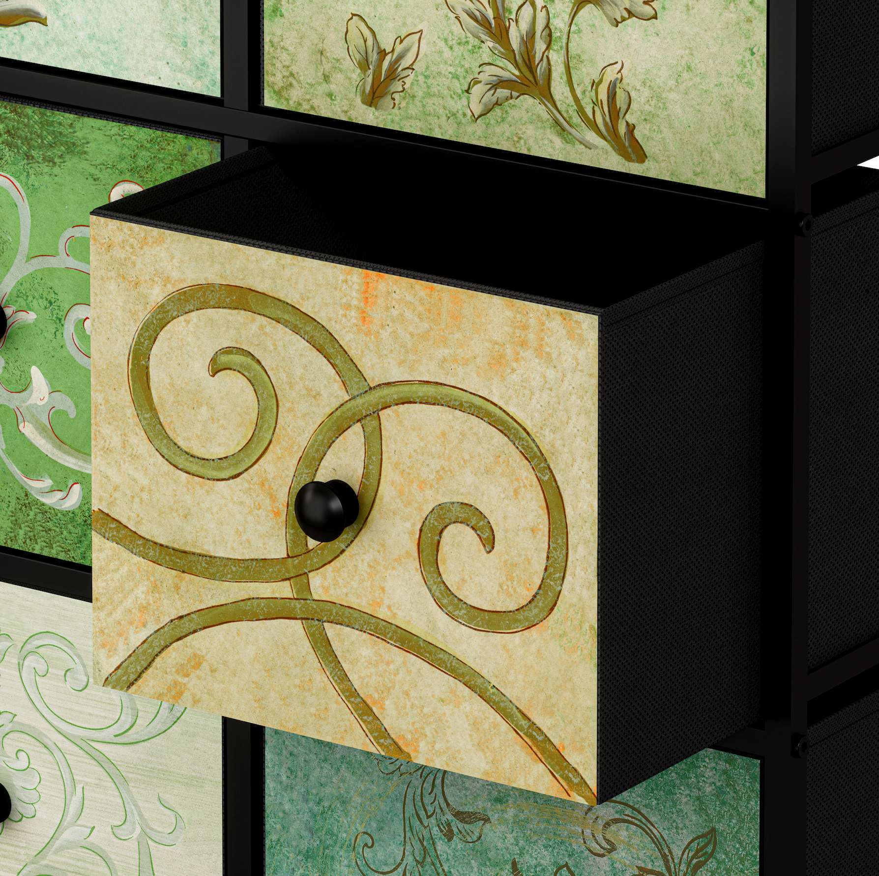 Cómoda De 9 Cajones Organizador Cajonera De Estructura Metal, Tabla MDF y Cajones De Tela Impreso