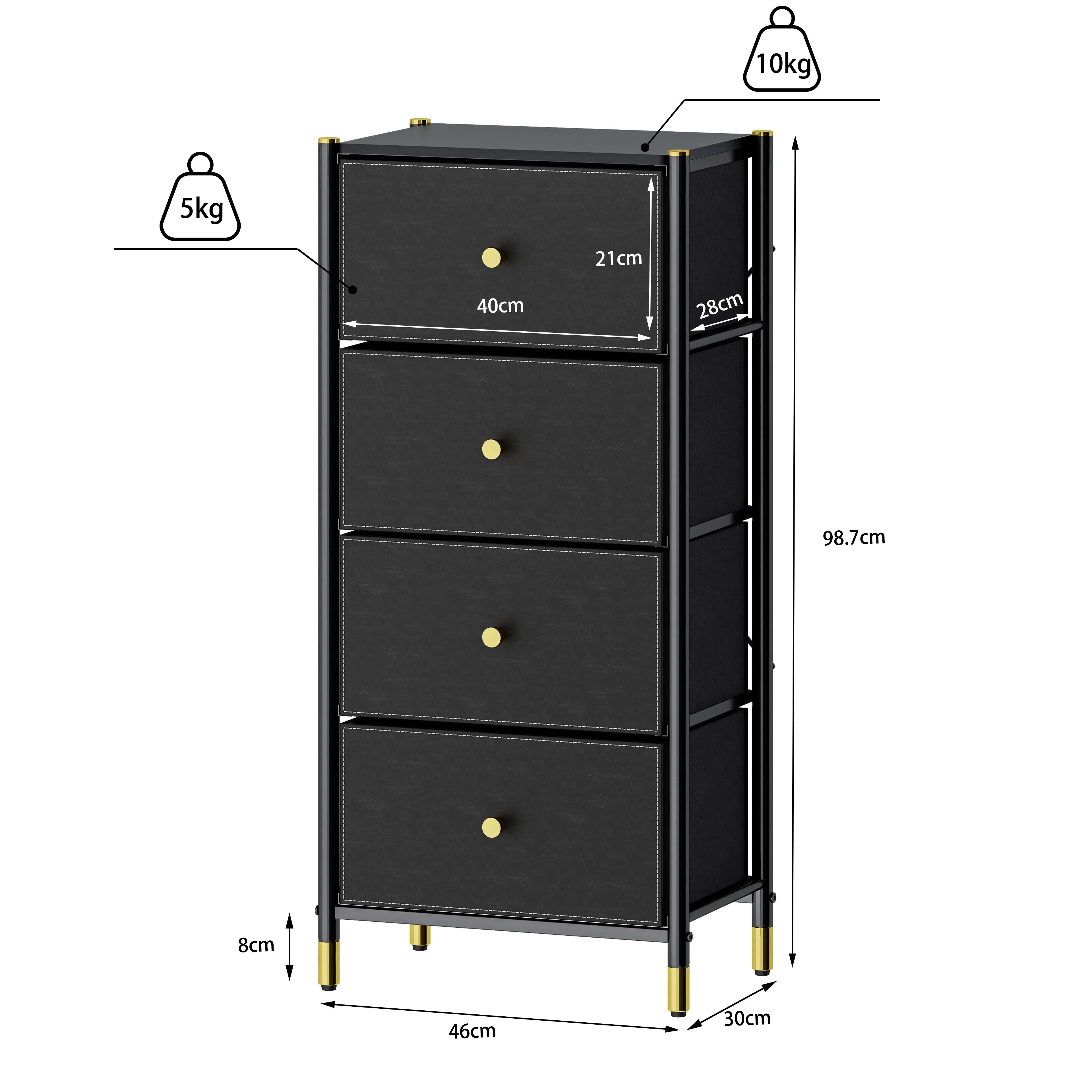 Cómoda de 4 Cajones para Almacenamiento en Hogar y Oficina, Organizador con Estructura Metálica, Tabla de MDF y Cajones de Tela No Tejida con Cubiertas de Cuero PU MU:4LIFE MX