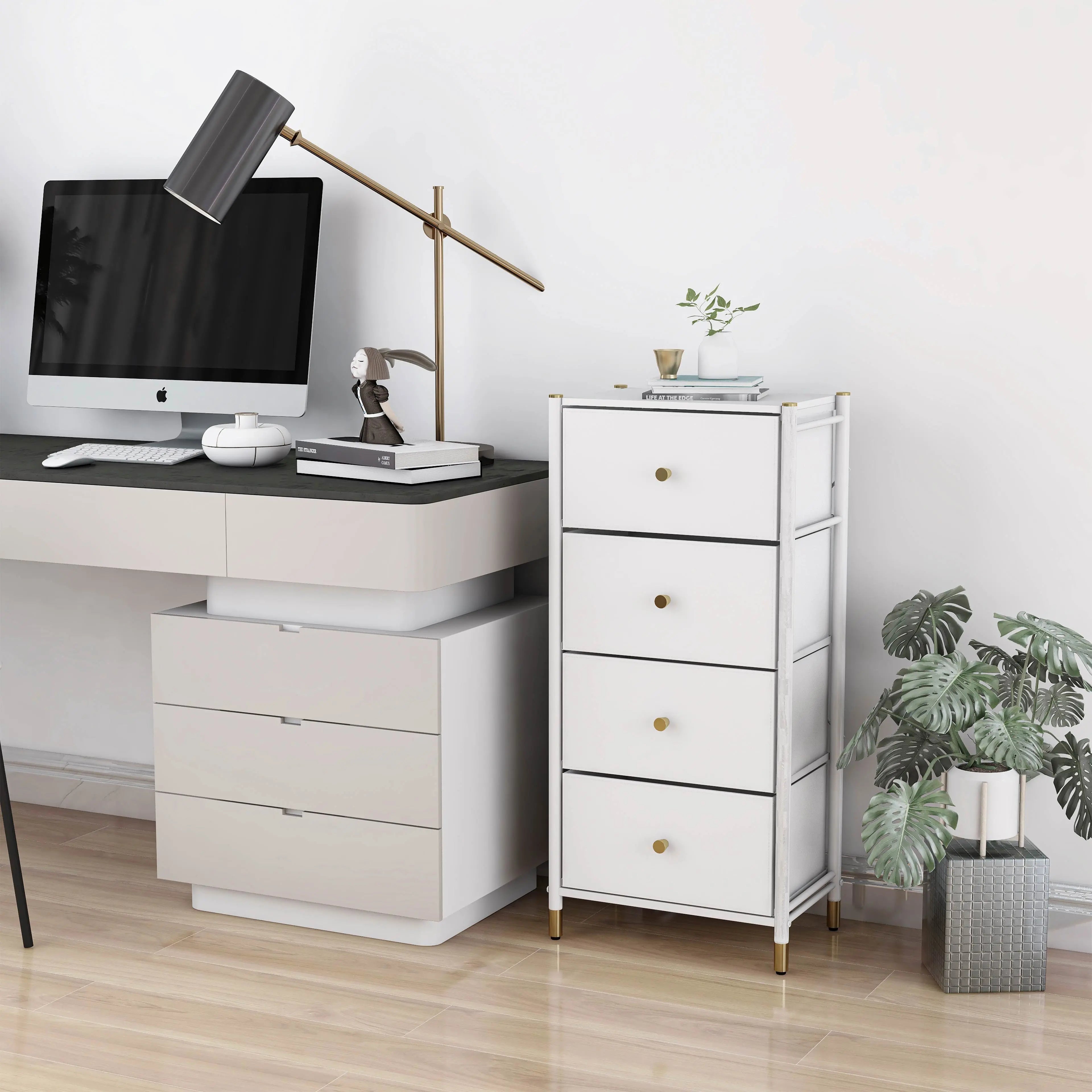 Cómoda de 4 Cajones para Almacenamiento en Hogar y Oficina, Organizador con Estructura Metálica, Tabla de MDF y Cajones de Tela No Tejida con Cubiertas de Cuero PU MU:4LIFE MX