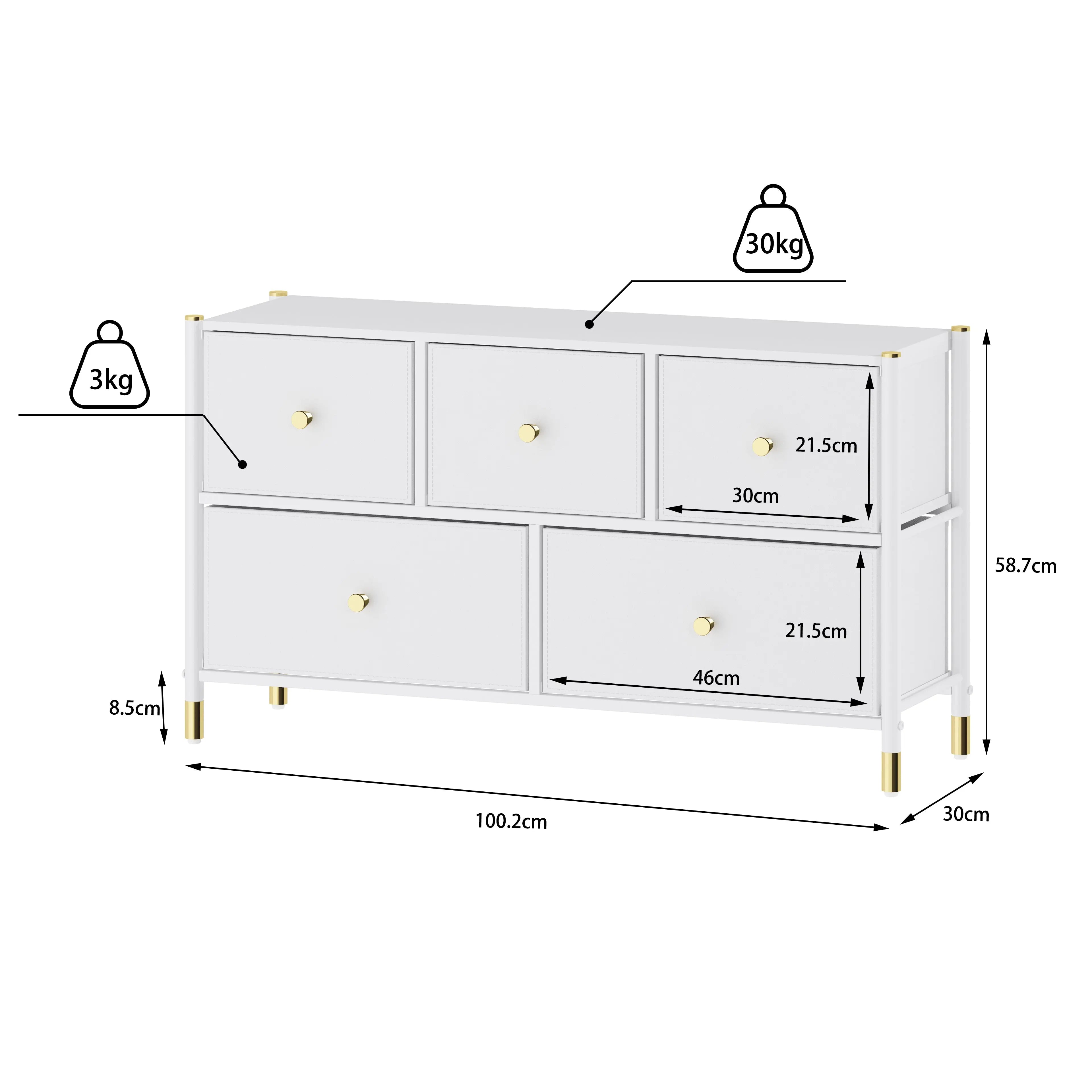 Cómoda Baja de 5 Cajones para Almacenamiento en Hogar y Oficina, Cajonera con Estructura Metálica, Tablero MDF y Cajones de Tela No Tejida con Cubiertas de Cuero PU MU:4LIFE