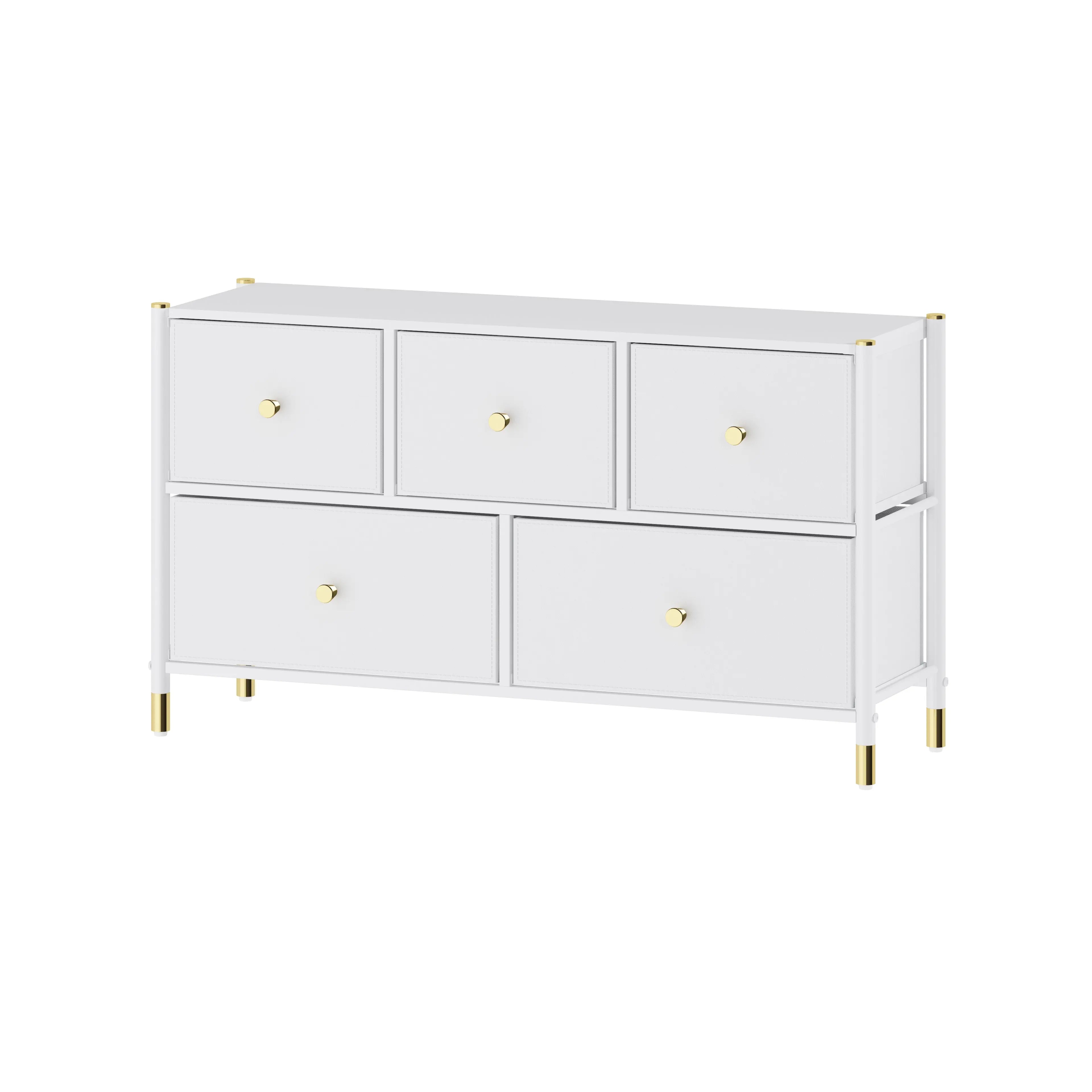 Cómoda Baja de 5 Cajones para Almacenamiento en Hogar y Oficina, Cajonera con Estructura Metálica, Tablero MDF y Cajones de Tela No Tejida con Cubiertas de Cuero PU MU:4LIFE