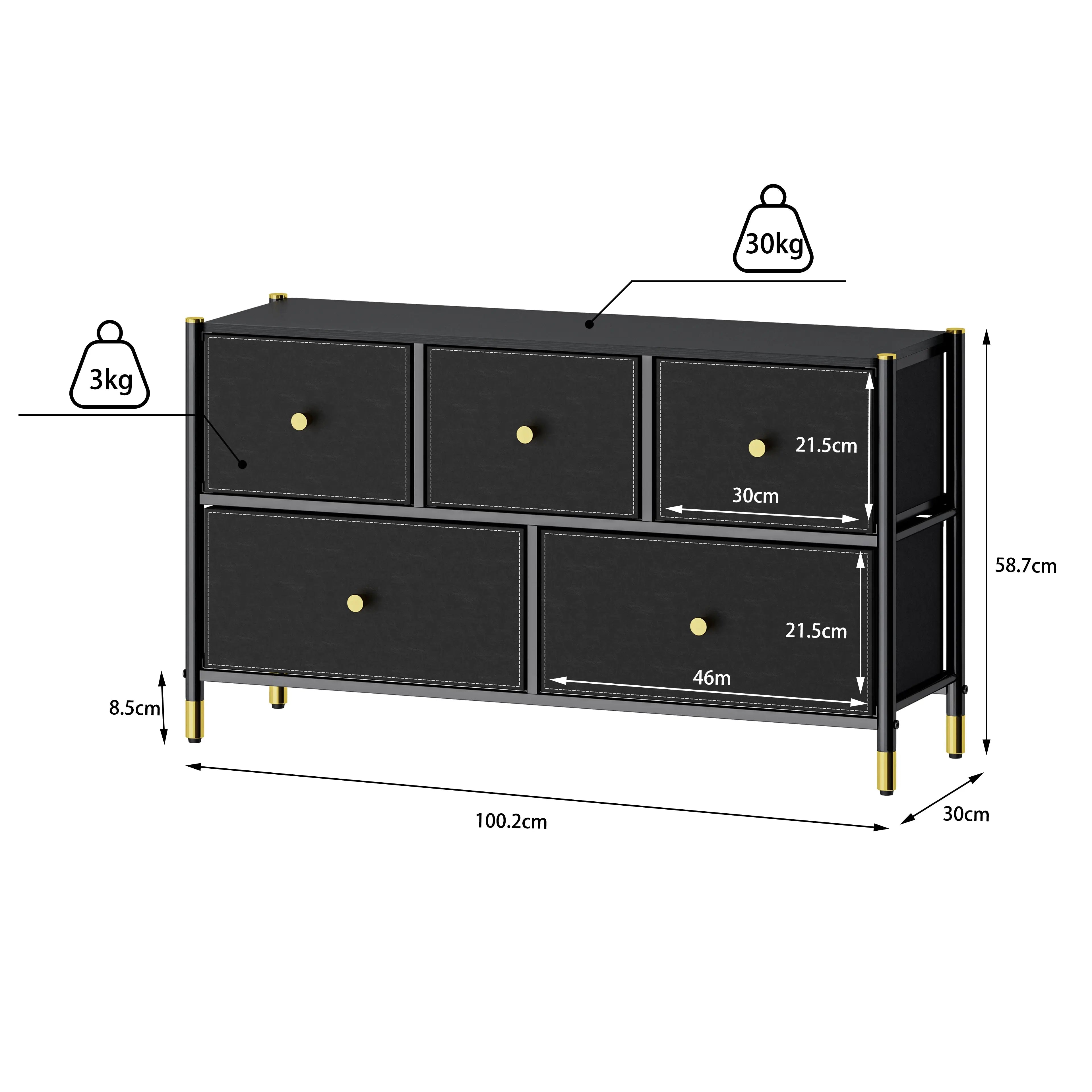 Cómoda Baja de 5 Cajones para Almacenamiento en Hogar y Oficina, Cajonera con Estructura Metálica, Tablero MDF y Cajones de Tela No Tejida con Cubiertas de Cuero PU MU:4LIFE