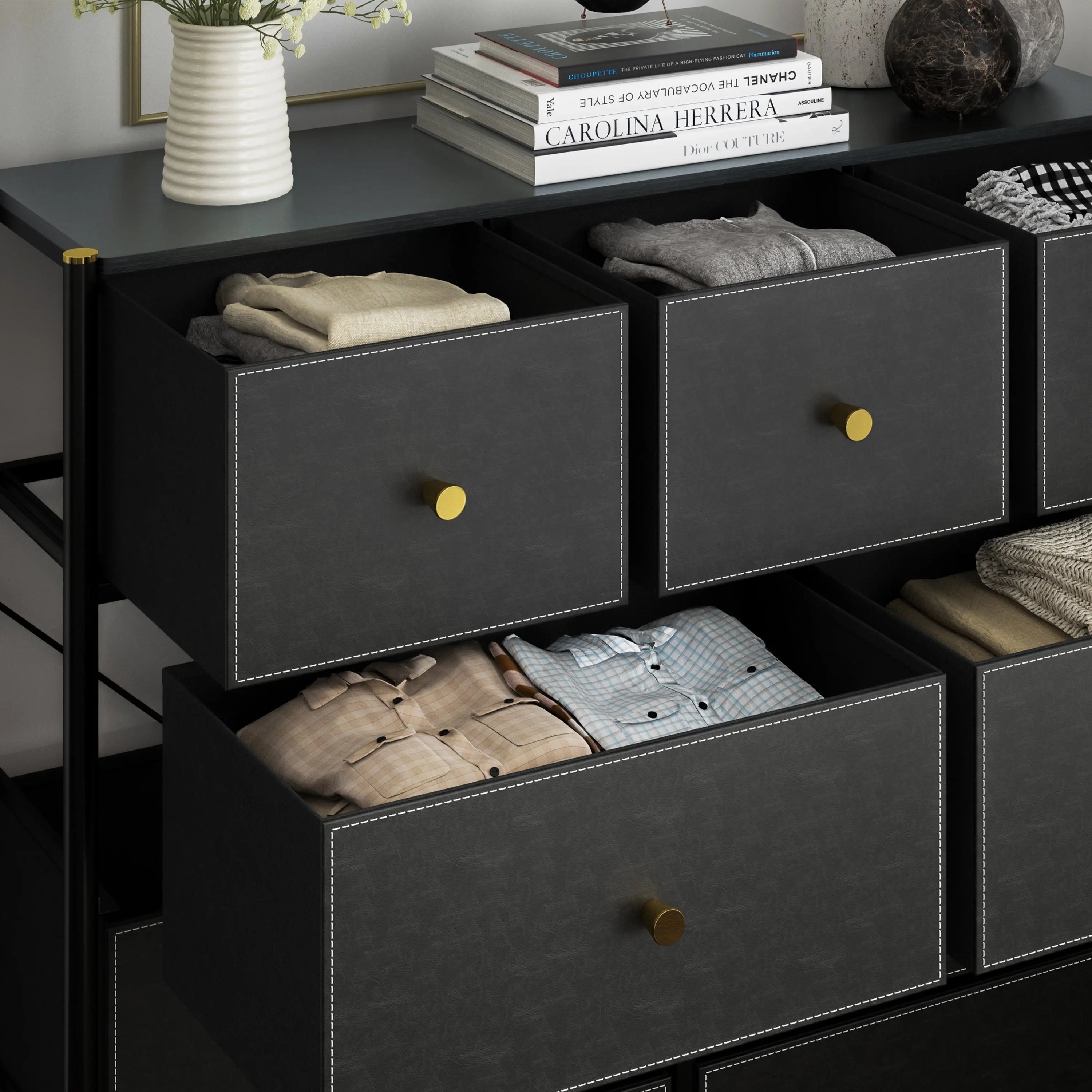 Cómoda de 10 Cajones para Almacenamiento en Hogar y Oficina, Organizador con Estructura Metálica, Tabla de MDF y Cajones de Tela No Tejida con Cubiertas de Cuero PU MU:4LIFE