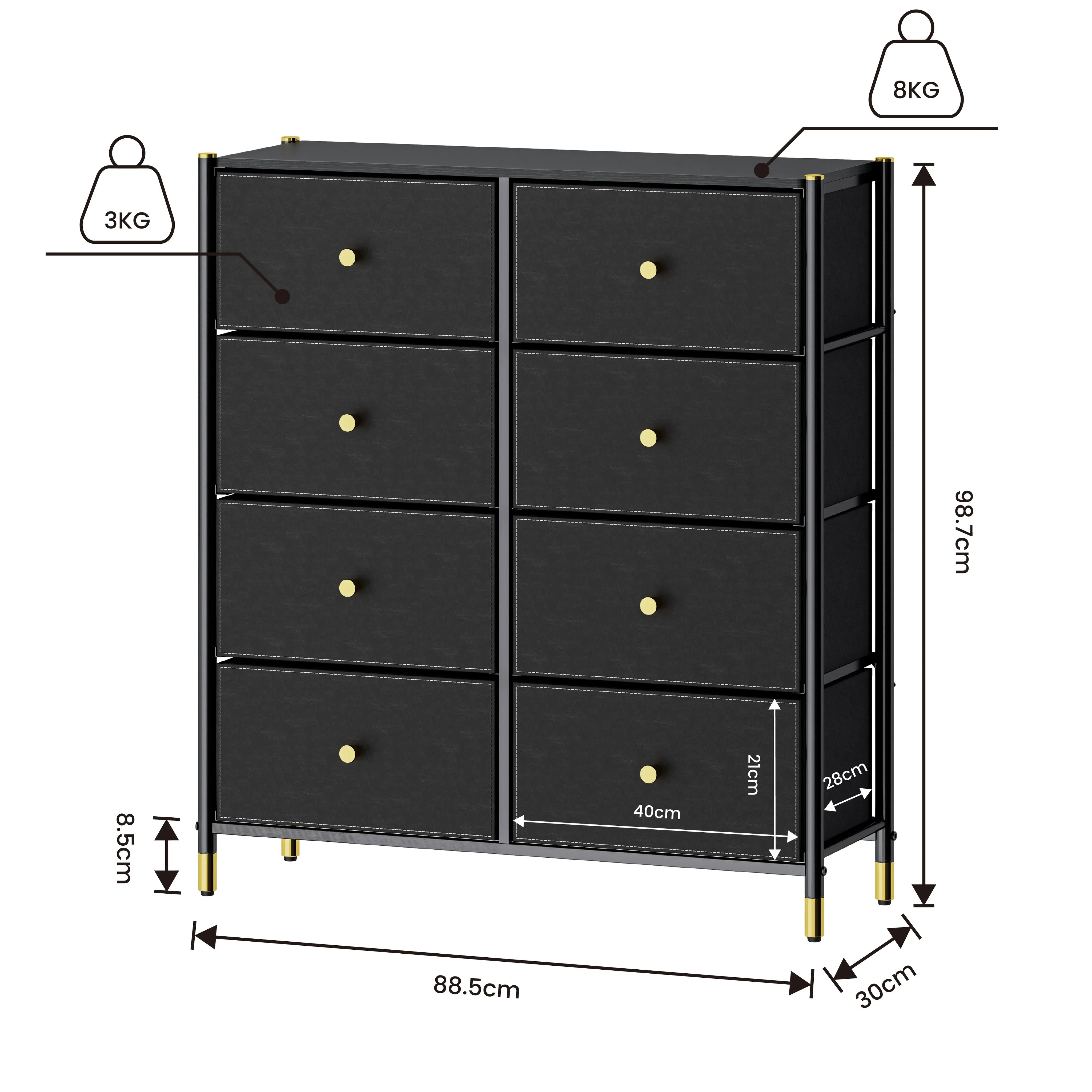 Cómoda de 8 Cajones para Almacenamiento en Recámara, Cajonera con Estructura Metálica, Tabla de MDF y Cajones de Tela No Tejida con Cubiertas de Cuero PU MU:4LIFE