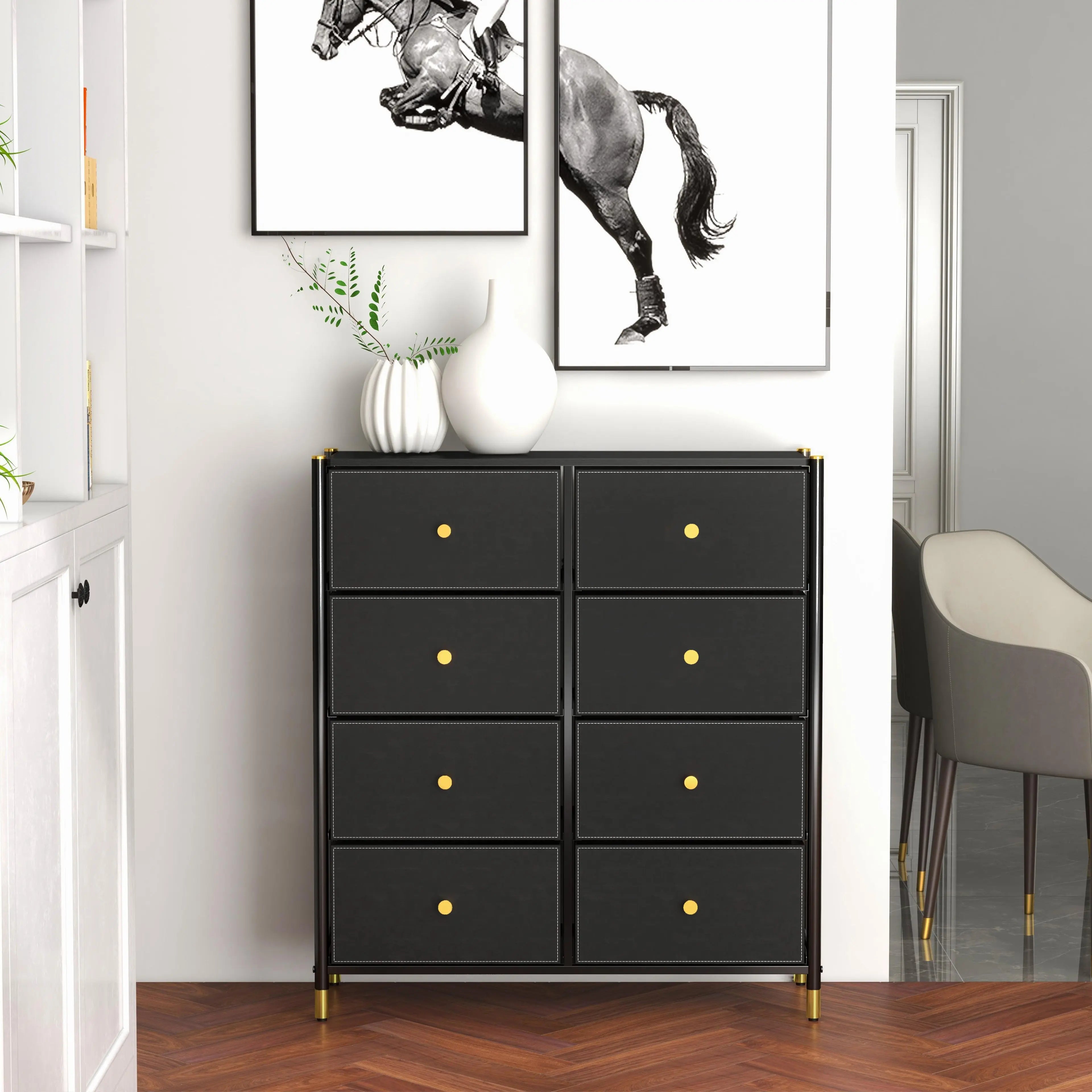 Cómoda de 8 Cajones para Almacenamiento en Recámara, Cajonera con Estructura Metálica, Tabla de MDF y Cajones de Tela No Tejida con Cubiertas de Cuero PU MU:4LIFE