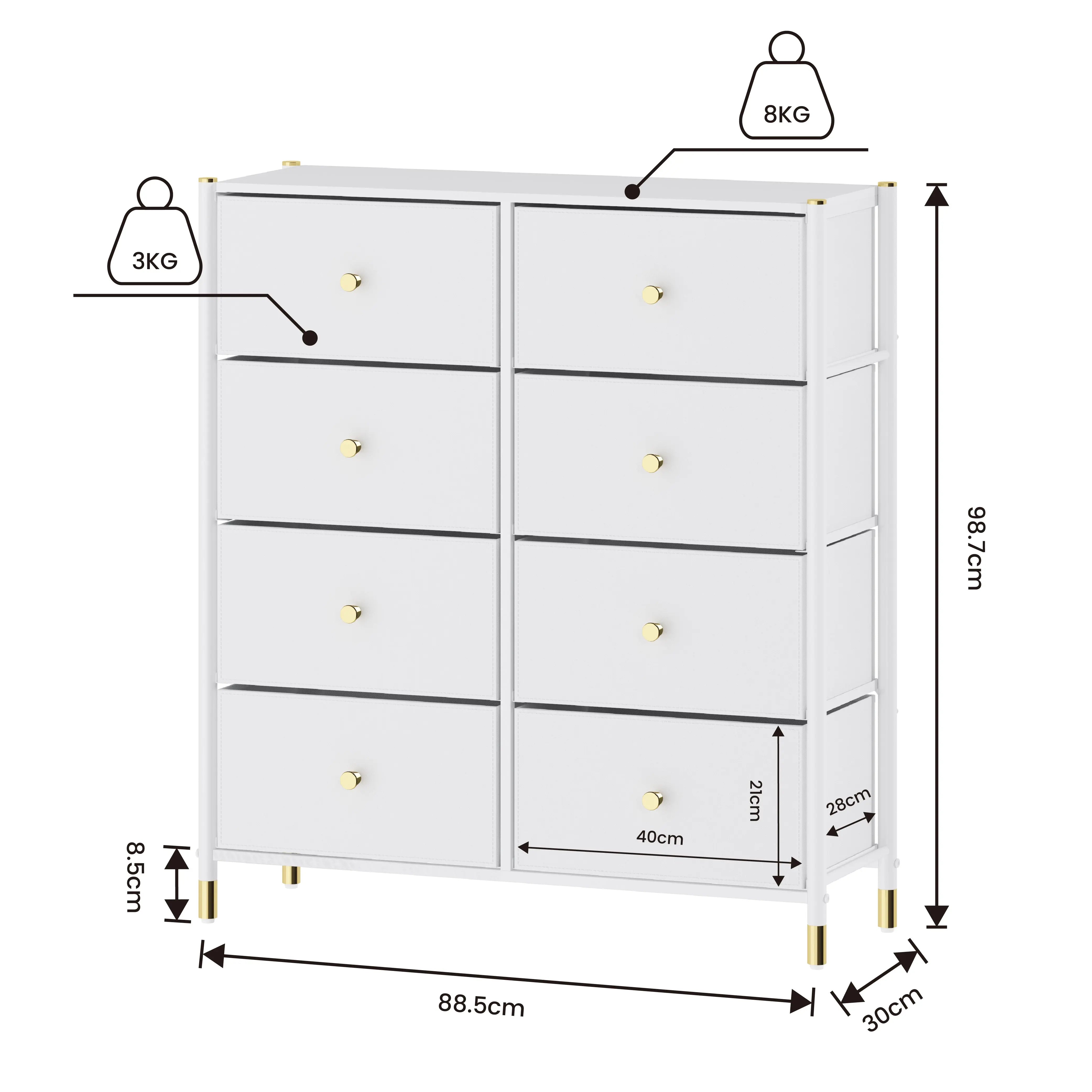 Cómoda de 8 Cajones para Almacenamiento en Recámara, Cajonera con Estructura Metálica, Tabla de MDF y Cajones de Tela No Tejida con Cubiertas de Cuero PU MU:4LIFE