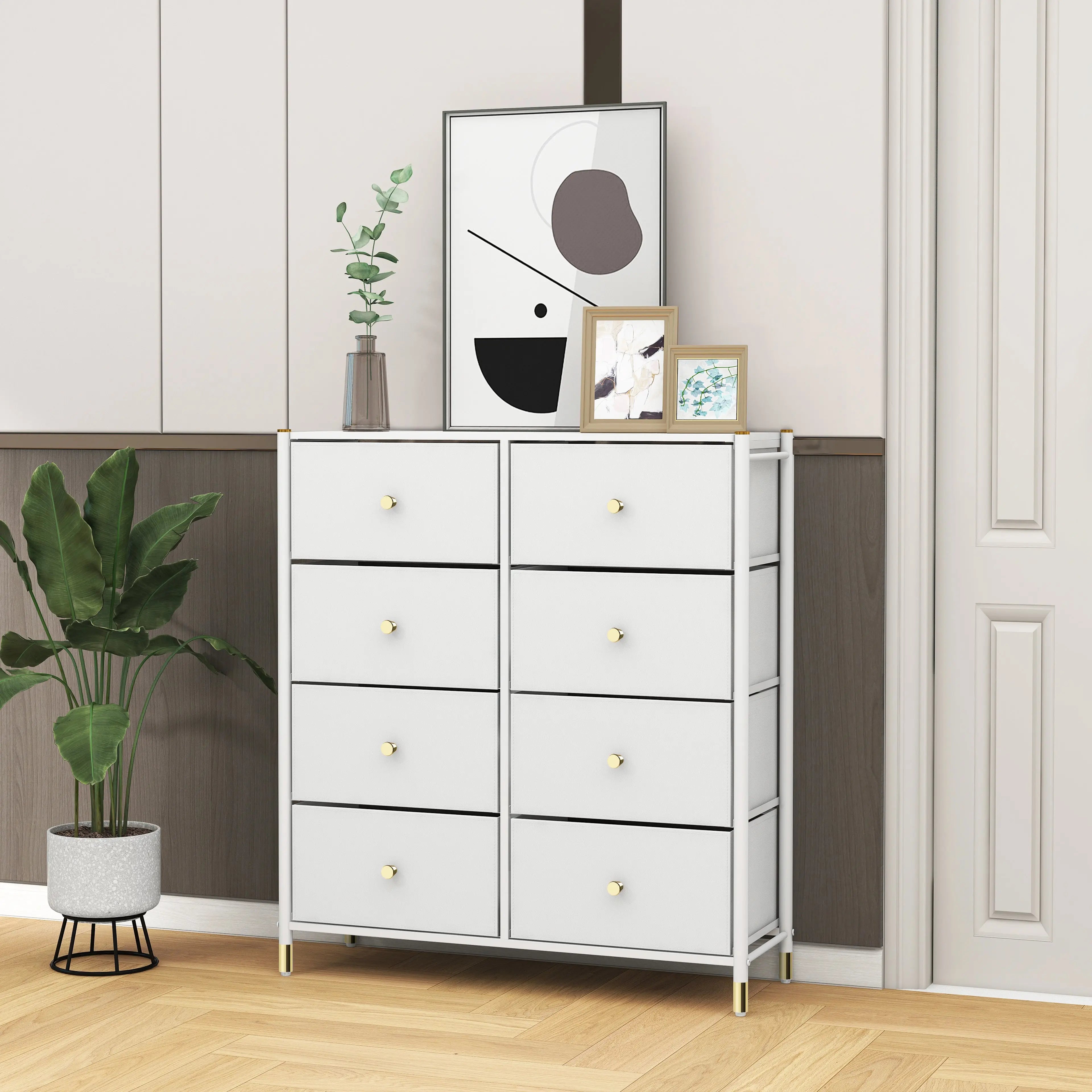 Cómoda de 8 Cajones para Almacenamiento en Recámara, Cajonera con Estructura Metálica, Tabla de MDF y Cajones de Tela No Tejida con Cubiertas de Cuero PU MU:4LIFE