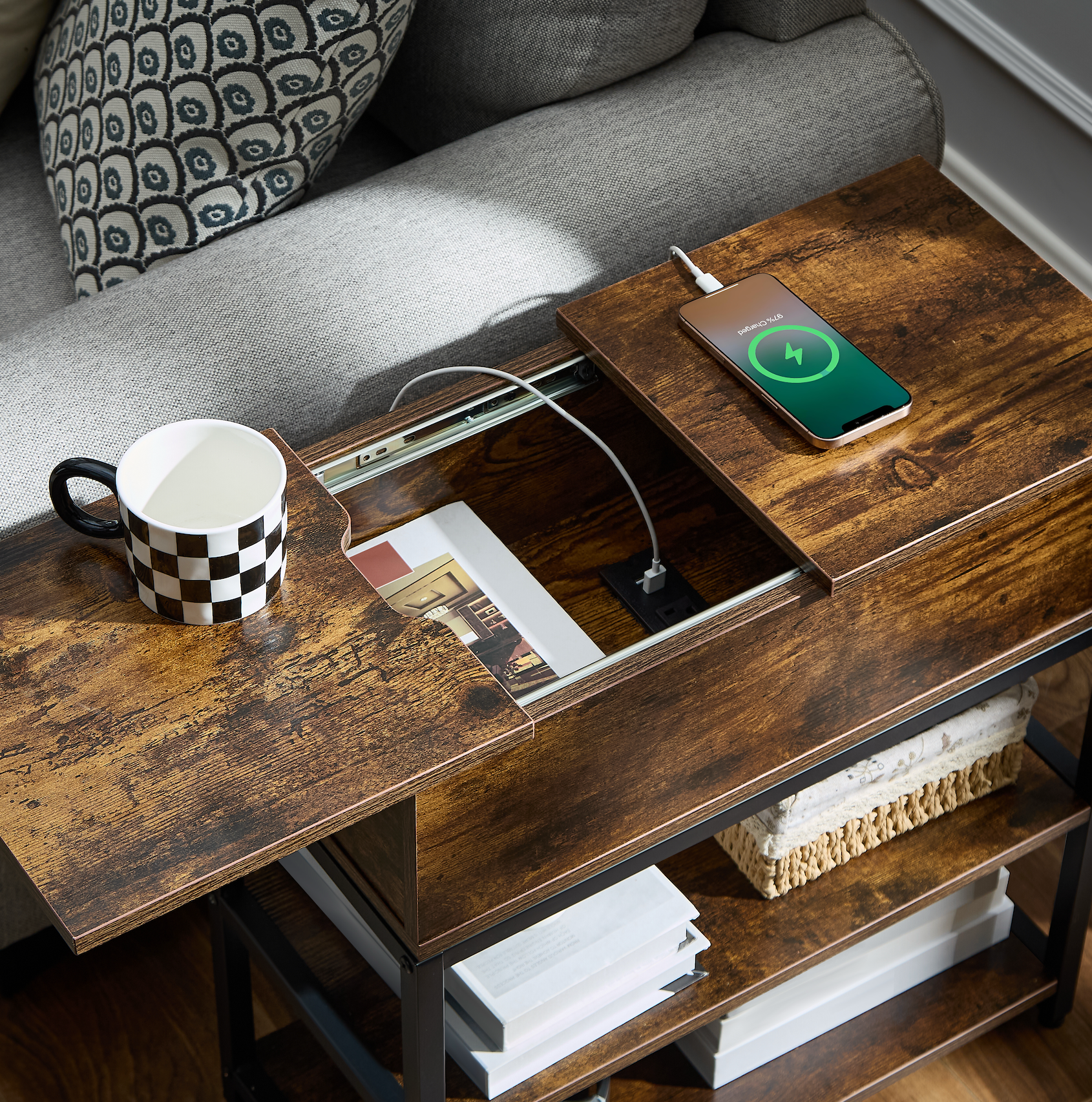 Mesa Auxiliar Atigrada con Regleta Eléctrica y Estación de Carga USB – Ideal para Cargar Dispositivos