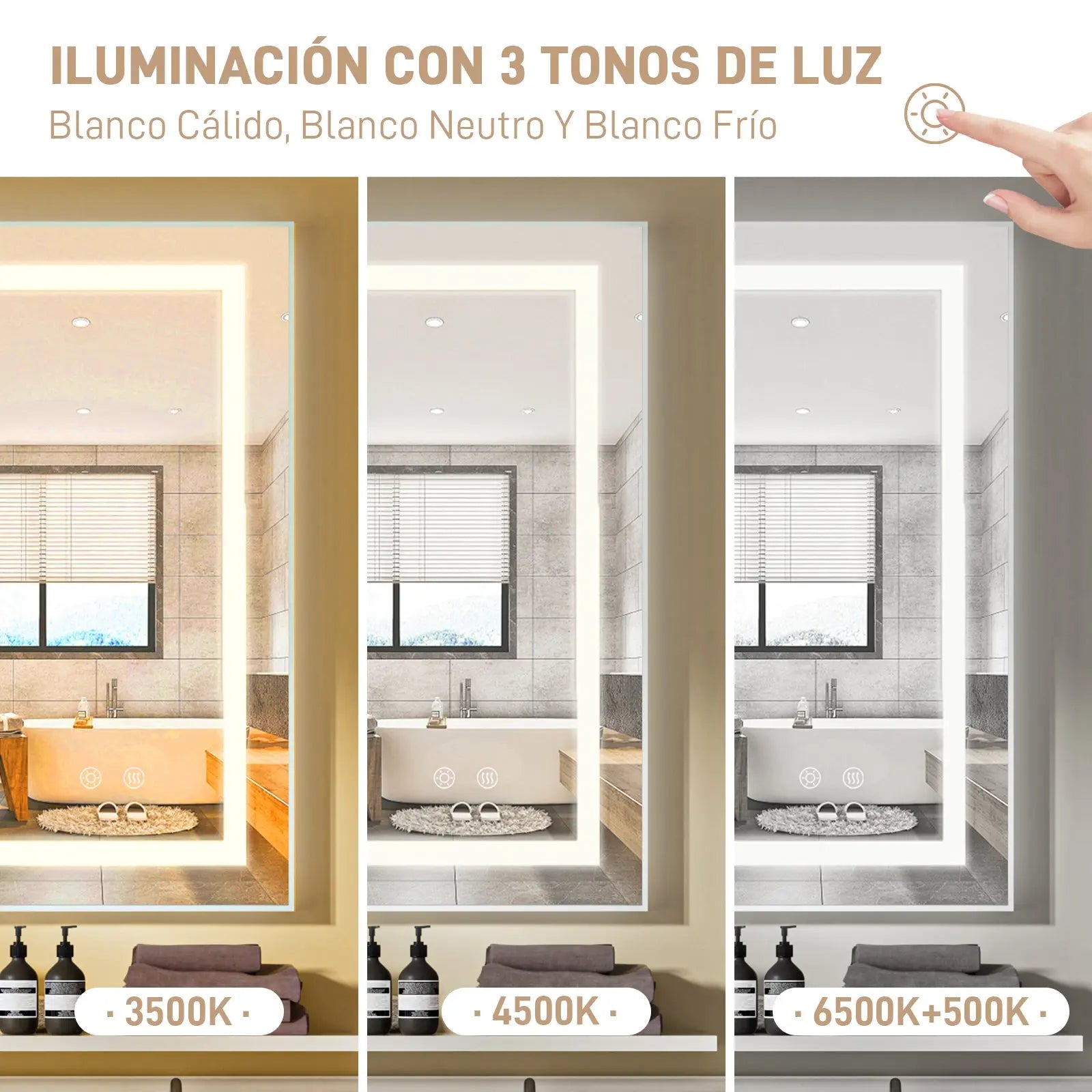 Maquillali Espejo LED De Vanidad para Baño Montado En La Pared, Estilo Rectangular, Led De 3 Colores En Iluminación con Ajustable En Brillo Y Antivaho (40x60 cm, Rectangular) MU:4LIFE MX