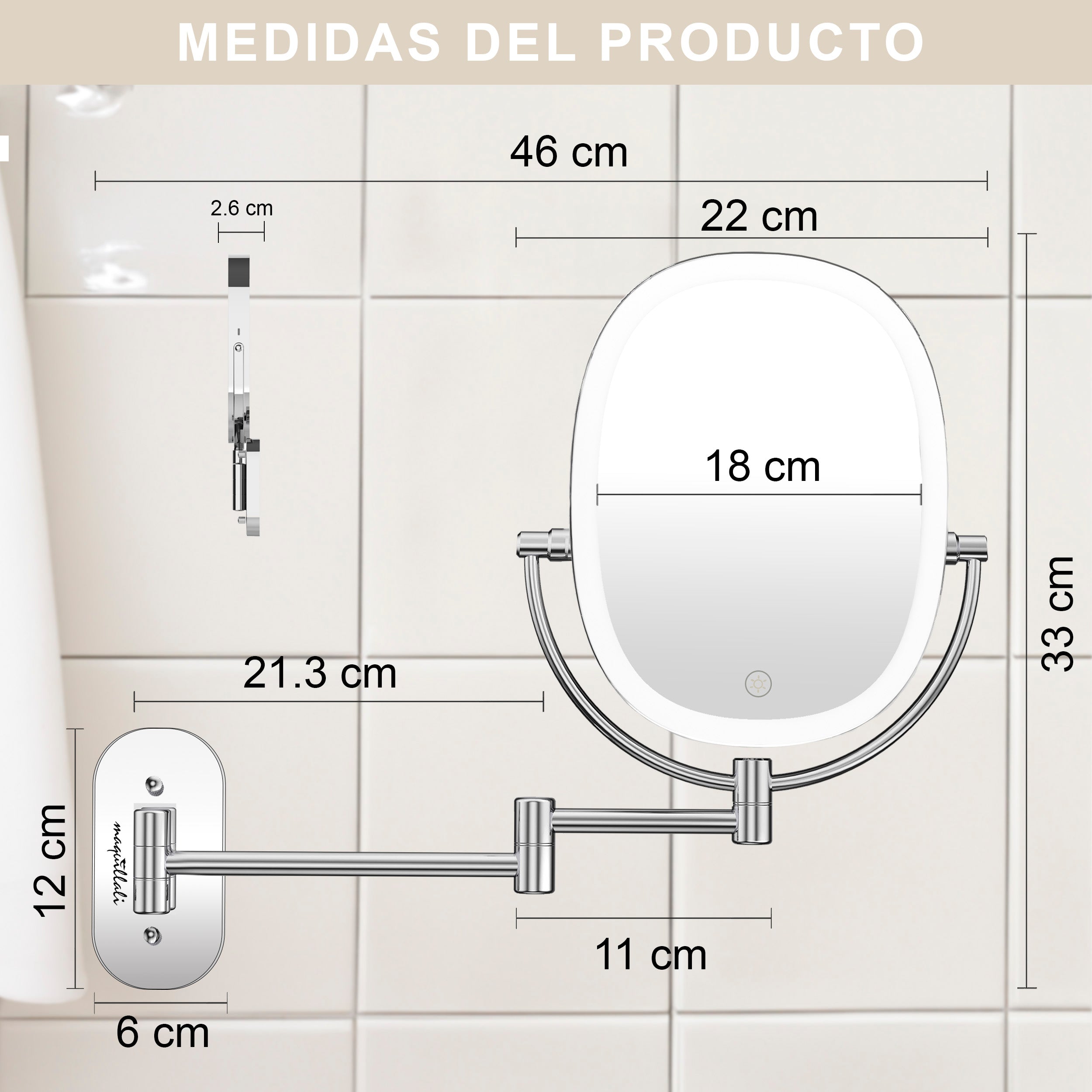 Maquillali-Espejo Oval Recargable con LED 3 Colores, Aumento 1X/5X, Brazo Extensible y Rotación 360