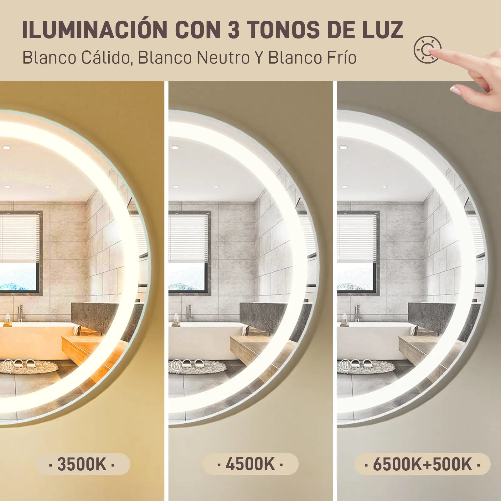 Maquillali Espejo LED De Vanidad para Baño Montado En La Pared, Estilo Redondo, Led De 3 Colores En Iluminación con Ajustable En Brillo Y Antivaho (60 cm, Redondo) MU:4LIFE MX