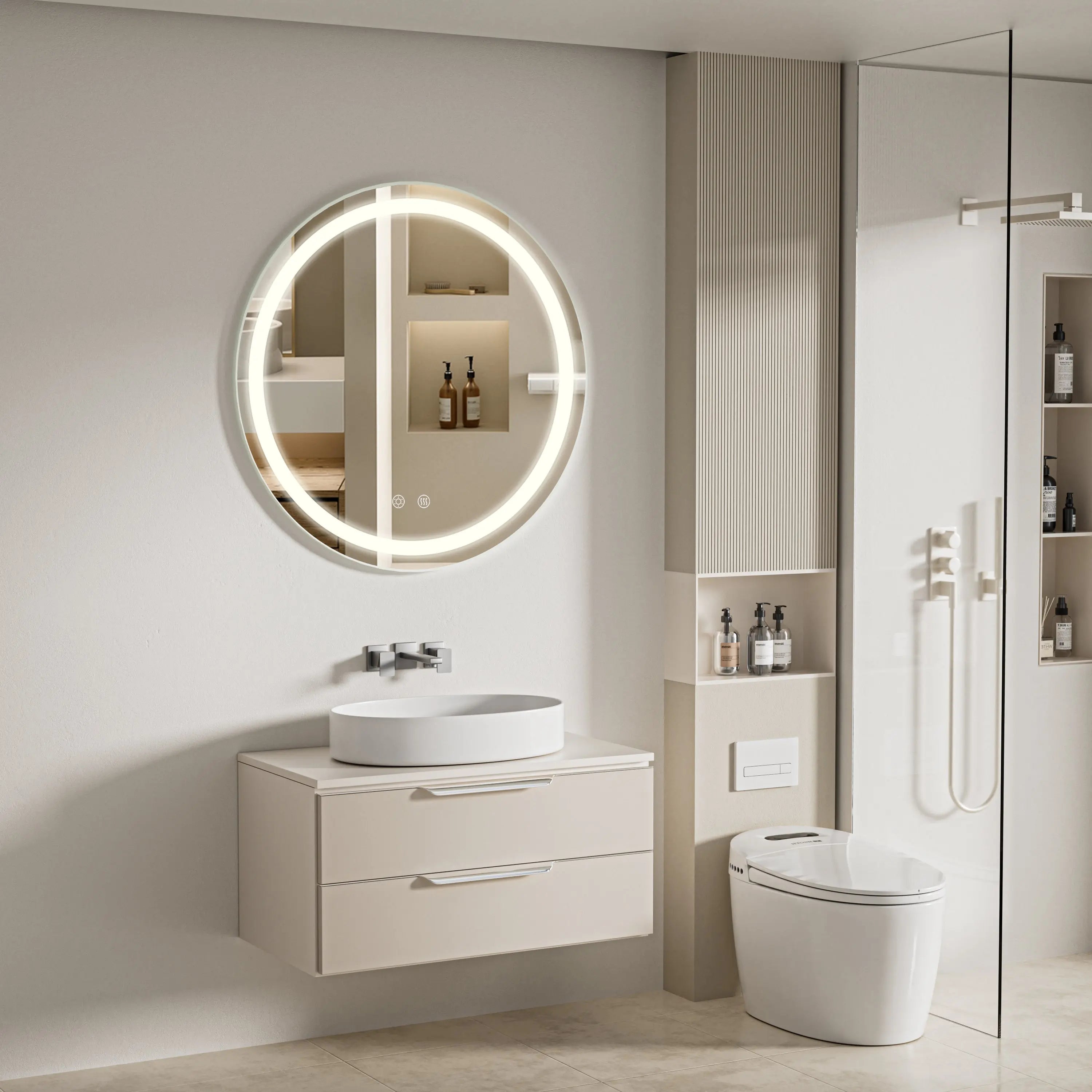 Maquillali Espejo LED De Vanidad para Baño Montado En La Pared, Estilo Redondo, Led De 3 Colores En Iluminación con Ajustable En Brillo Y Antivaho (60 cm, Redondo) MU:4LIFE MX