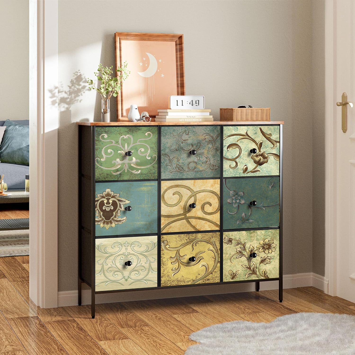 Cómoda De 9 Cajones Organizador Cajonera De Estructura Metal, Tabla MDF y Cajones De Tela Impreso