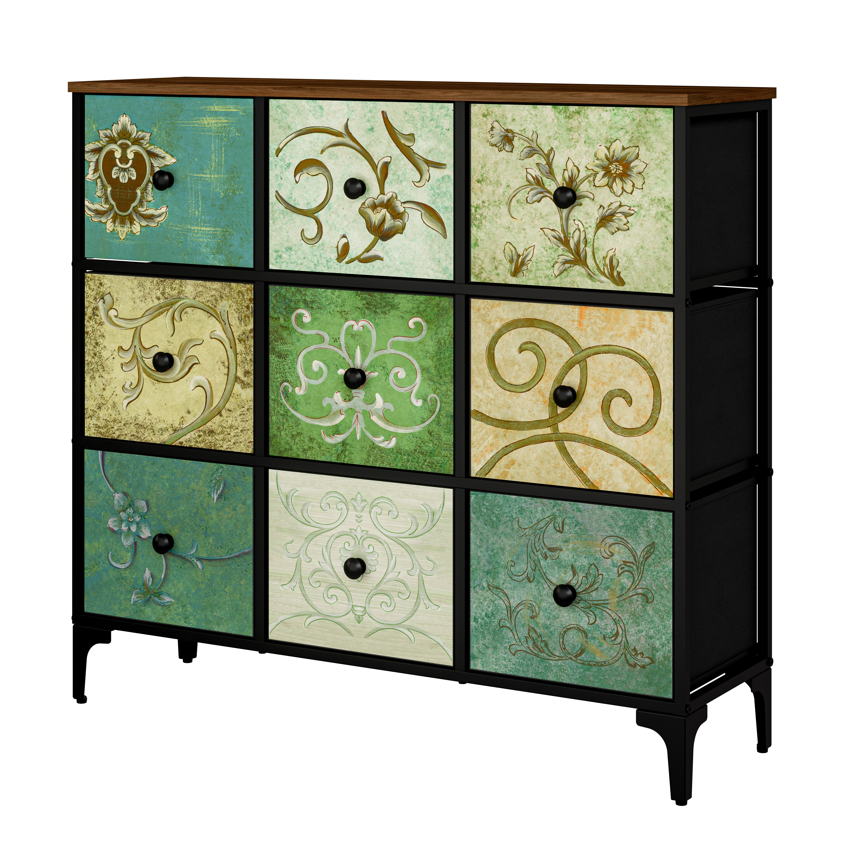 Cómoda De 9 Cajones Organizador Cajonera De Estructura Metal, Tabla MDF y Cajones De Tela Impreso