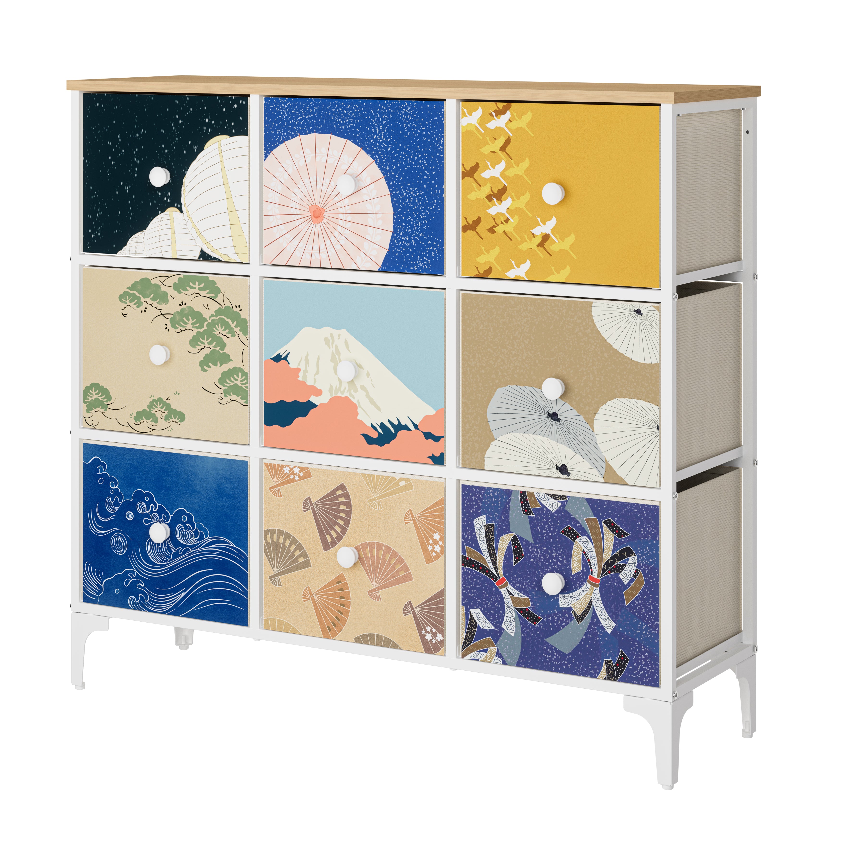 Cómoda De 9 Cajones Organizador Cajonera De Estructura Metal, Tabla MDF y Cajones De Tela Impreso