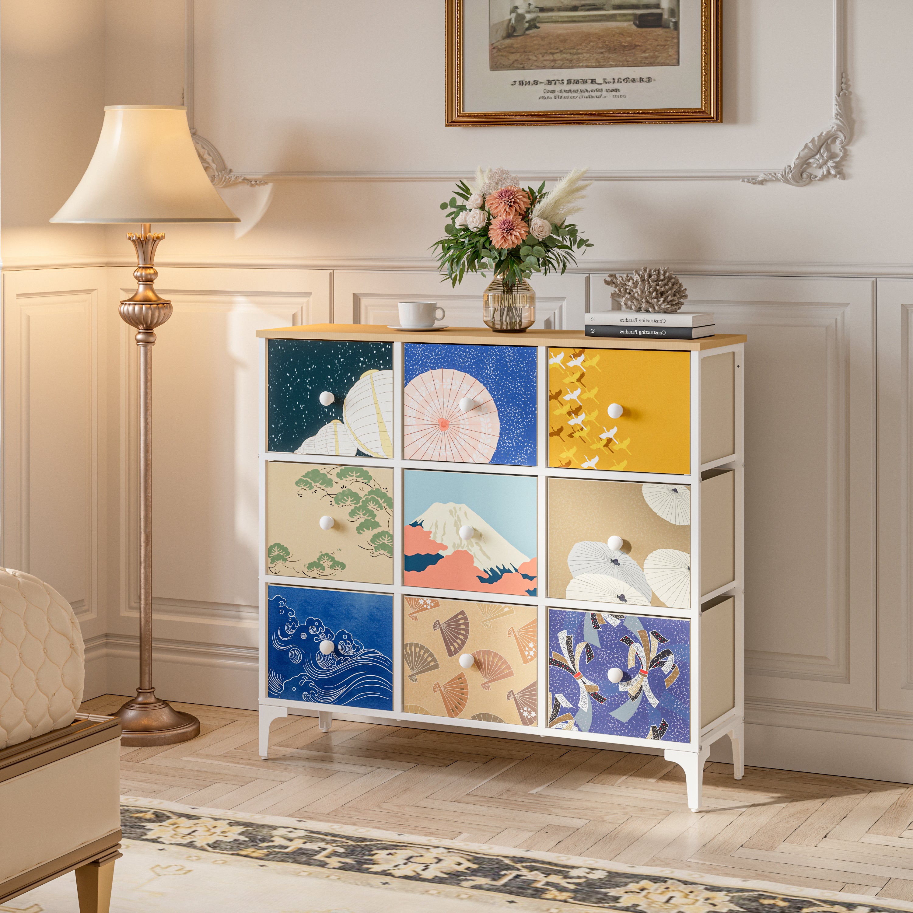 Cómoda De 9 Cajones Organizador Cajonera De Estructura Metal, Tabla MDF y Cajones De Tela Impreso