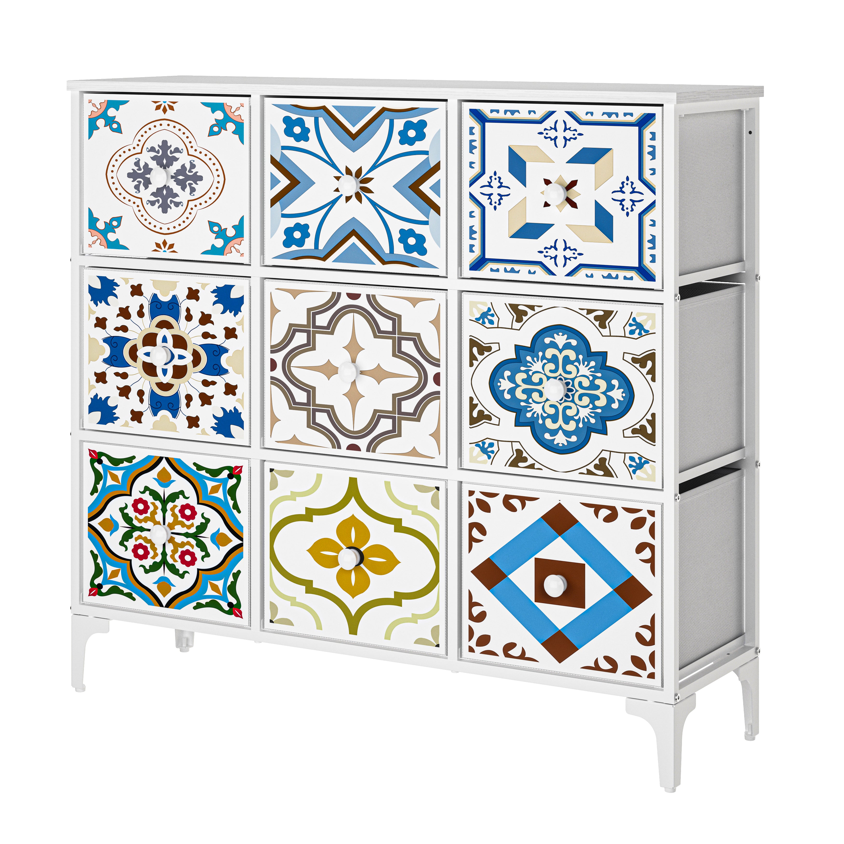 Cómoda De 9 Cajones Organizador Cajonera De Estructura Metal, Tabla MDF y Cajones De Tela Impreso