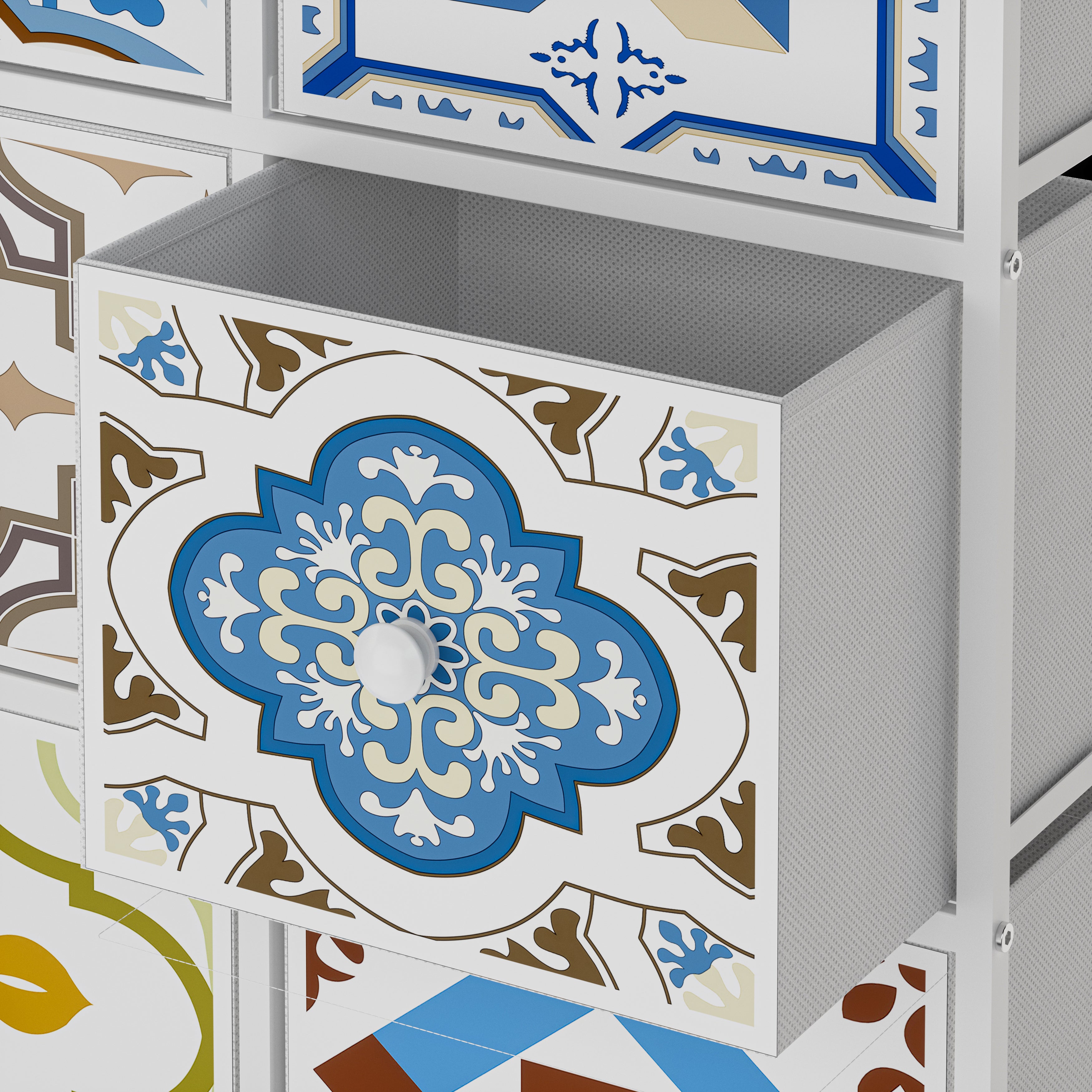 Cómoda De 9 Cajones Organizador Cajonera De Estructura Metal, Tabla MDF y Cajones De Tela Impreso