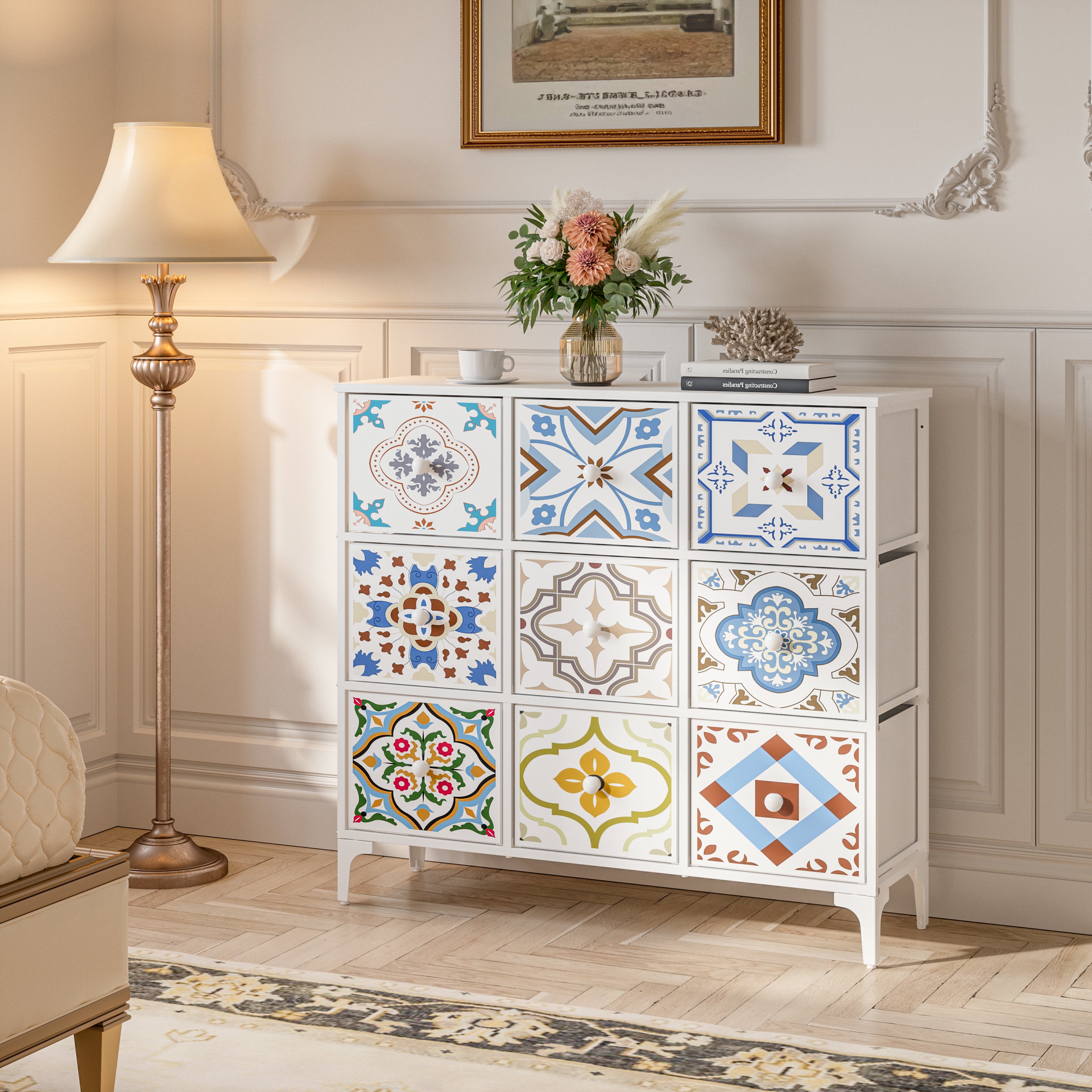 Cómoda De 9 Cajones Organizador Cajonera De Estructura Metal, Tabla MDF y Cajones De Tela Impreso