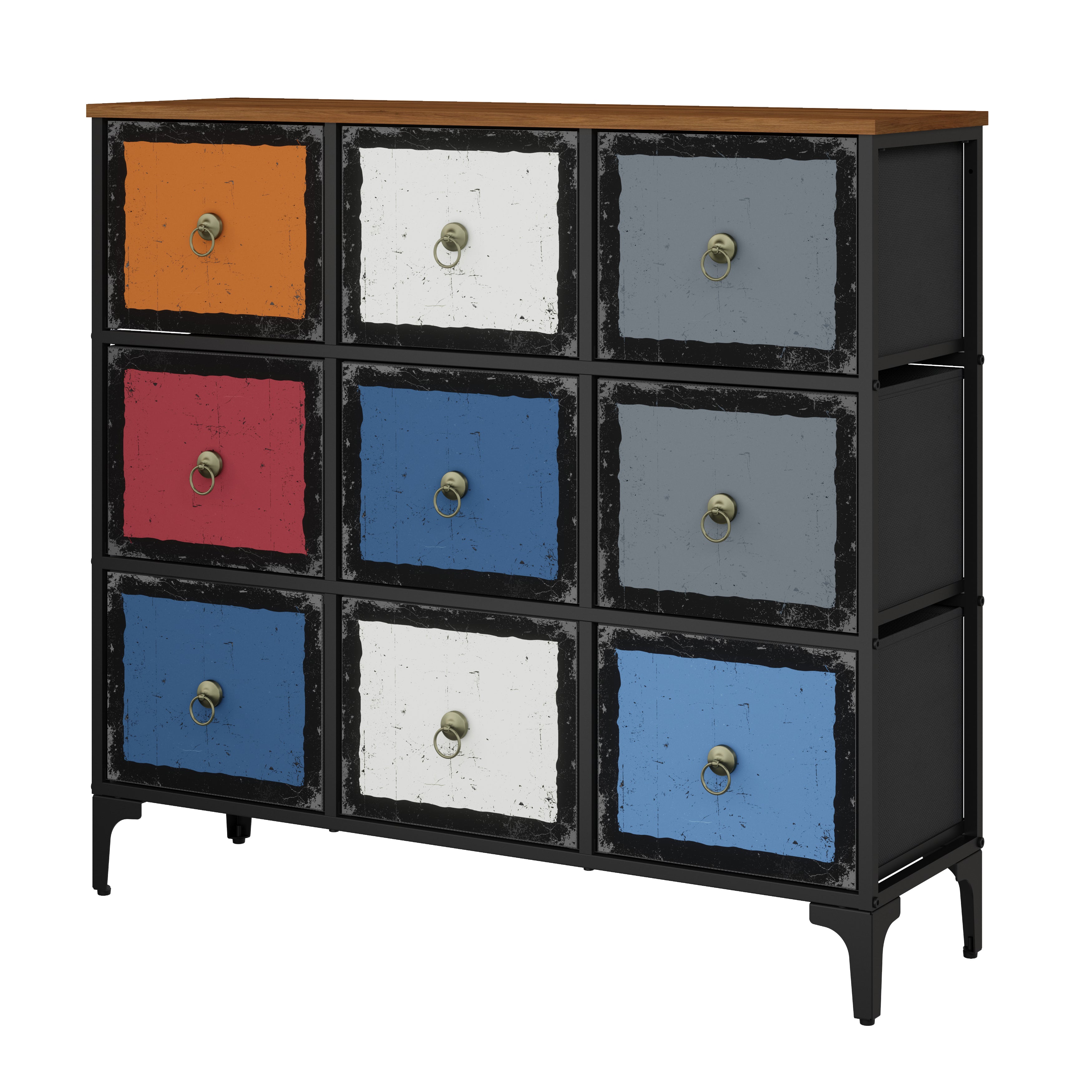 Cómoda De 9 Cajones Organizador Cajonera De Estructura Metal, Tabla MDF y Cajones De Tela Impreso