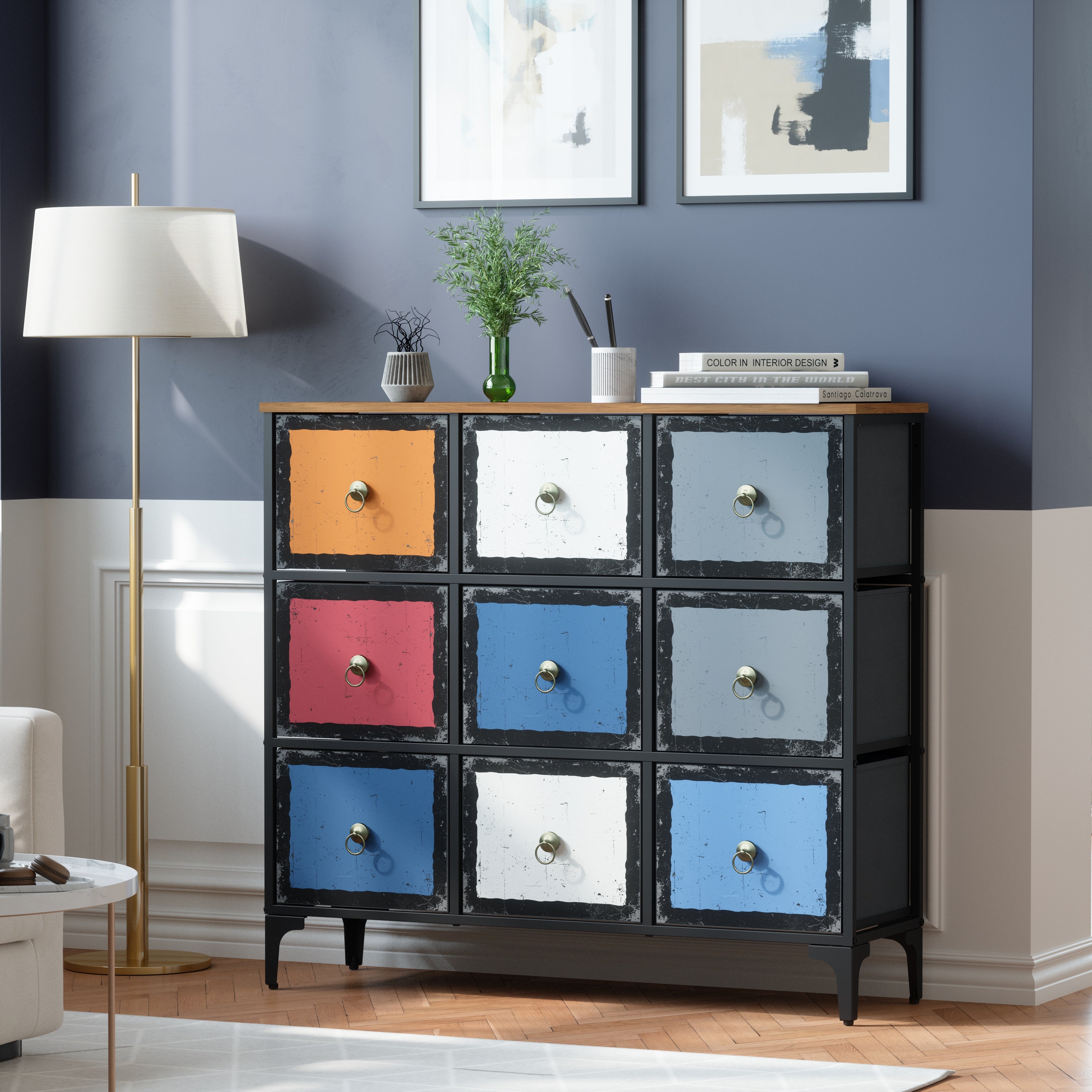 Cómoda De 9 Cajones Organizador Cajonera De Estructura Metal, Tabla MDF y Cajones De Tela Impreso