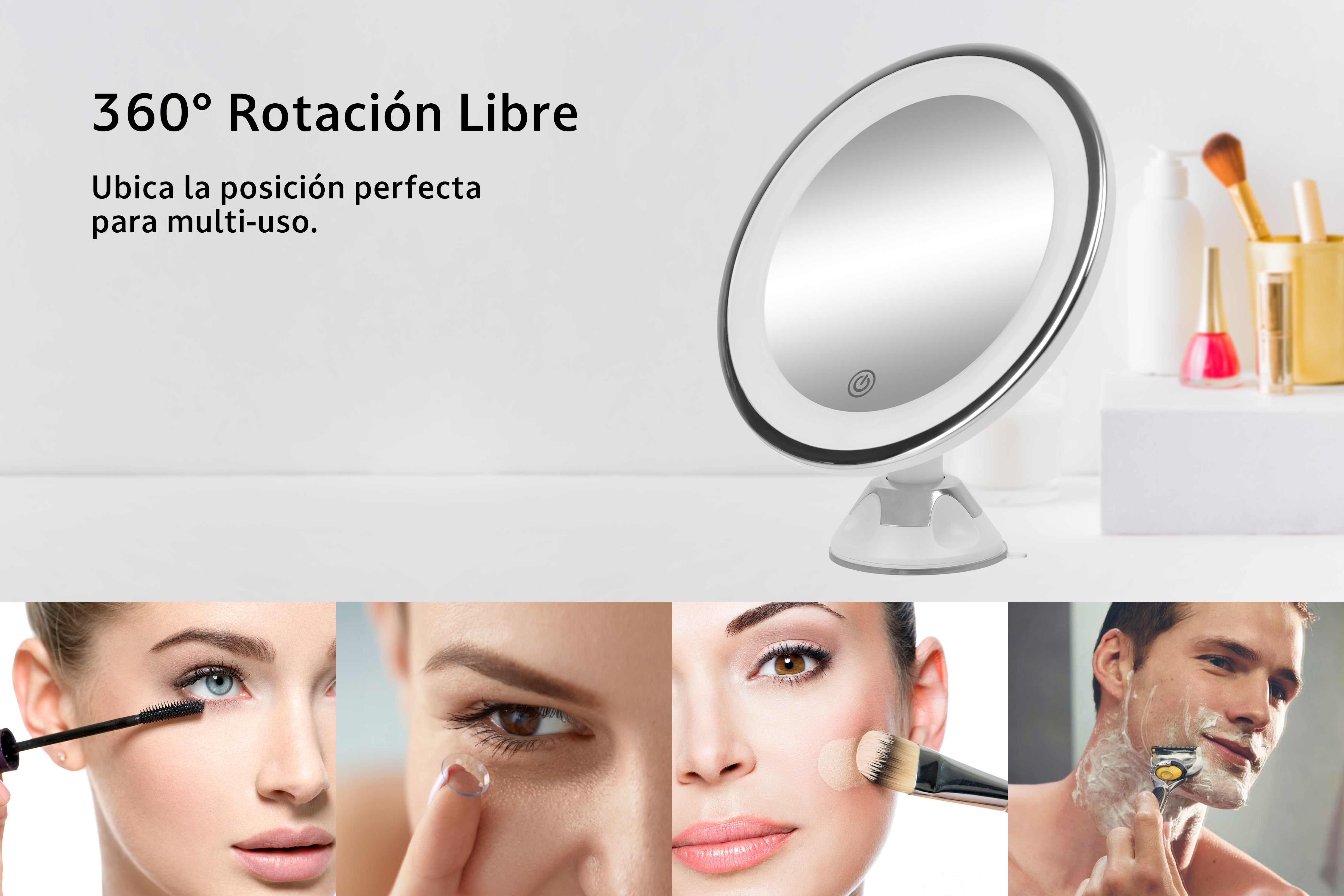 Espejo LED 10x con Ventosa para Baño – Iluminación Ajustable y Giro de 360 Grados