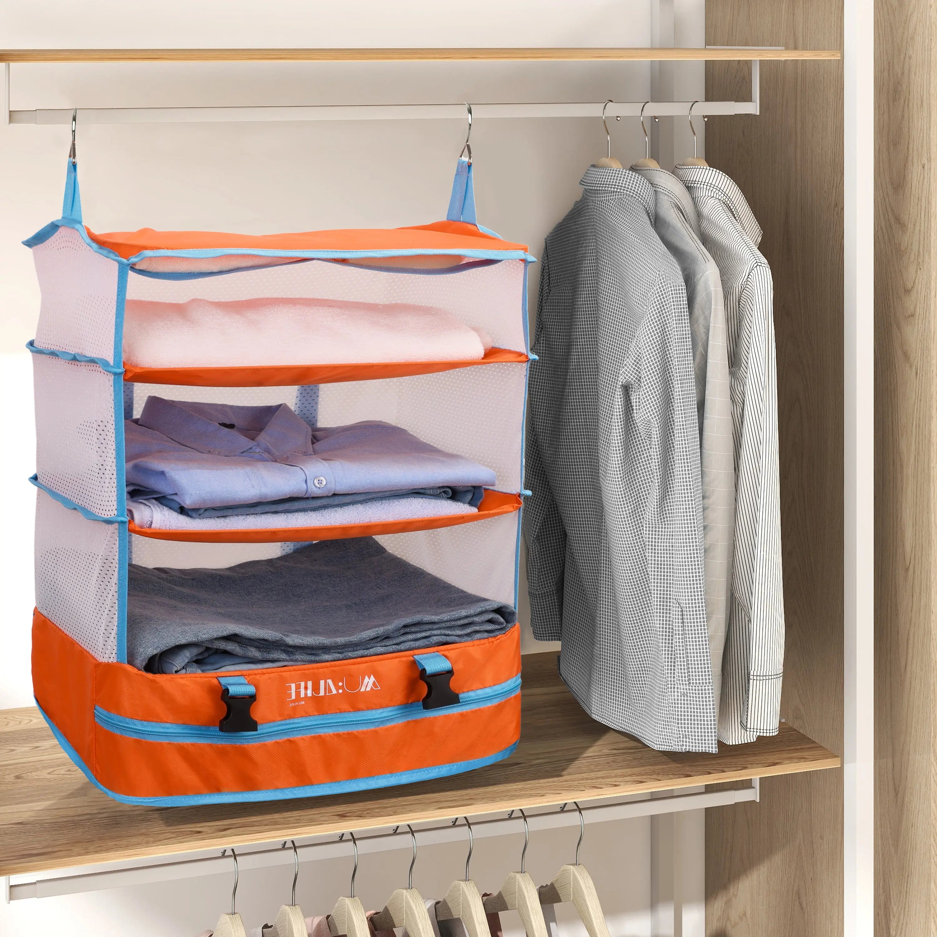 Organizador para equipaje de viaje, organizador para maleta de viaje grande, estilo closet colgante con 3 cajones y una bolsa, ahorra espacio y desempaquetar MU:4LIFE