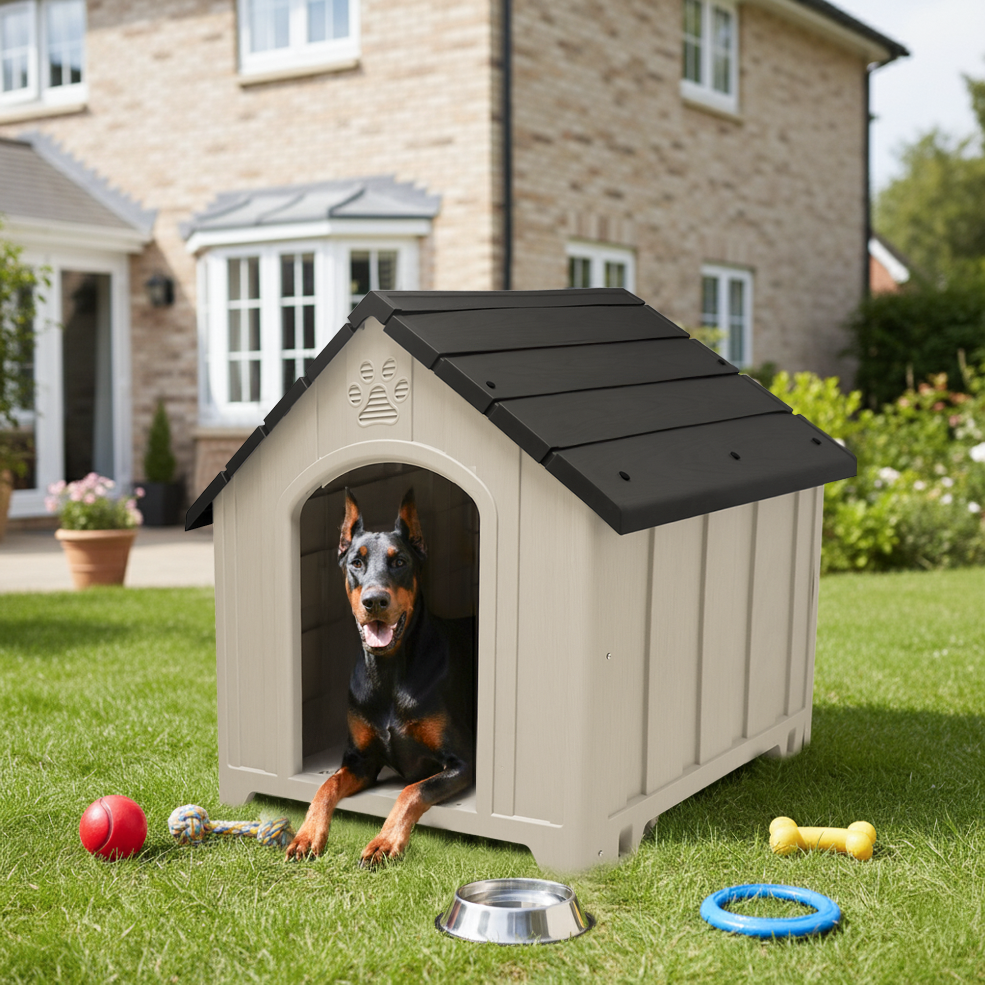 Casa Jaula para Perro de Plástico para Exteriores e Interiores, Resistente al Agua, con Ventilación y Base Reforzada y Anclajes al Suelo