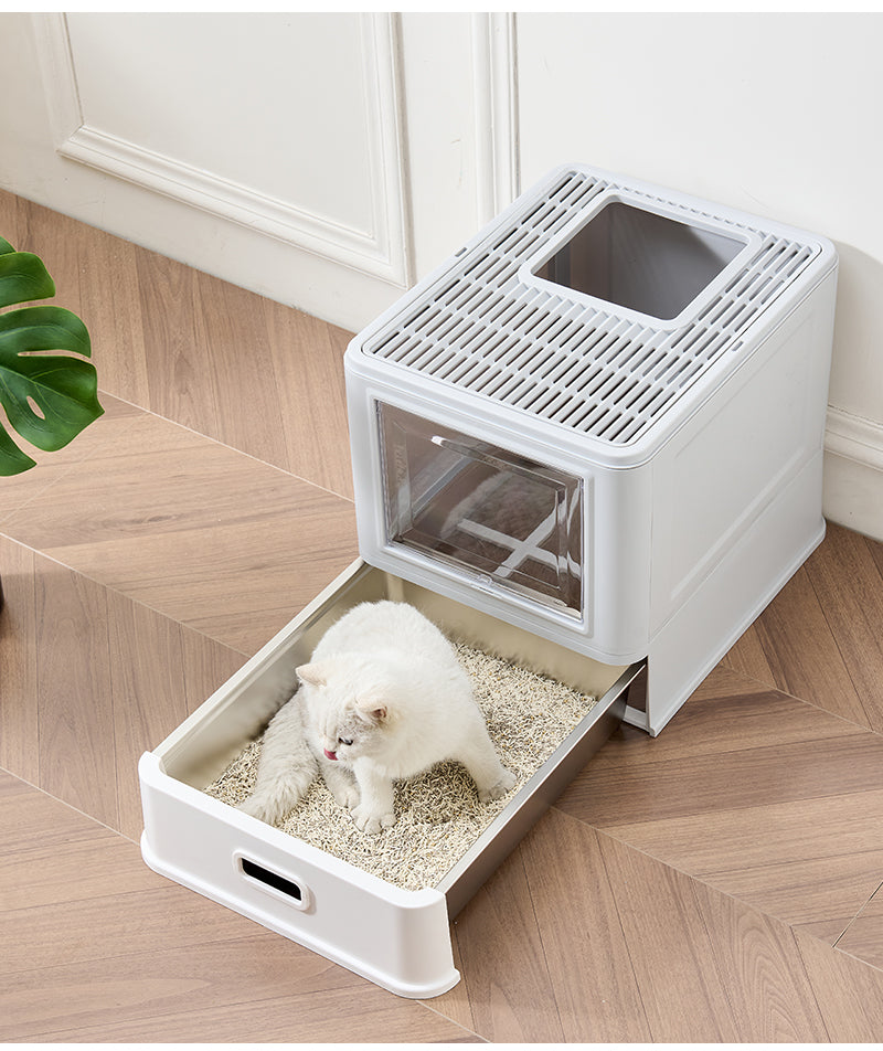 Arenero Cerrado para Gato con Bandeja Alta de Acero Inoxidable Integrado, con Palita y Tapa Desmontable