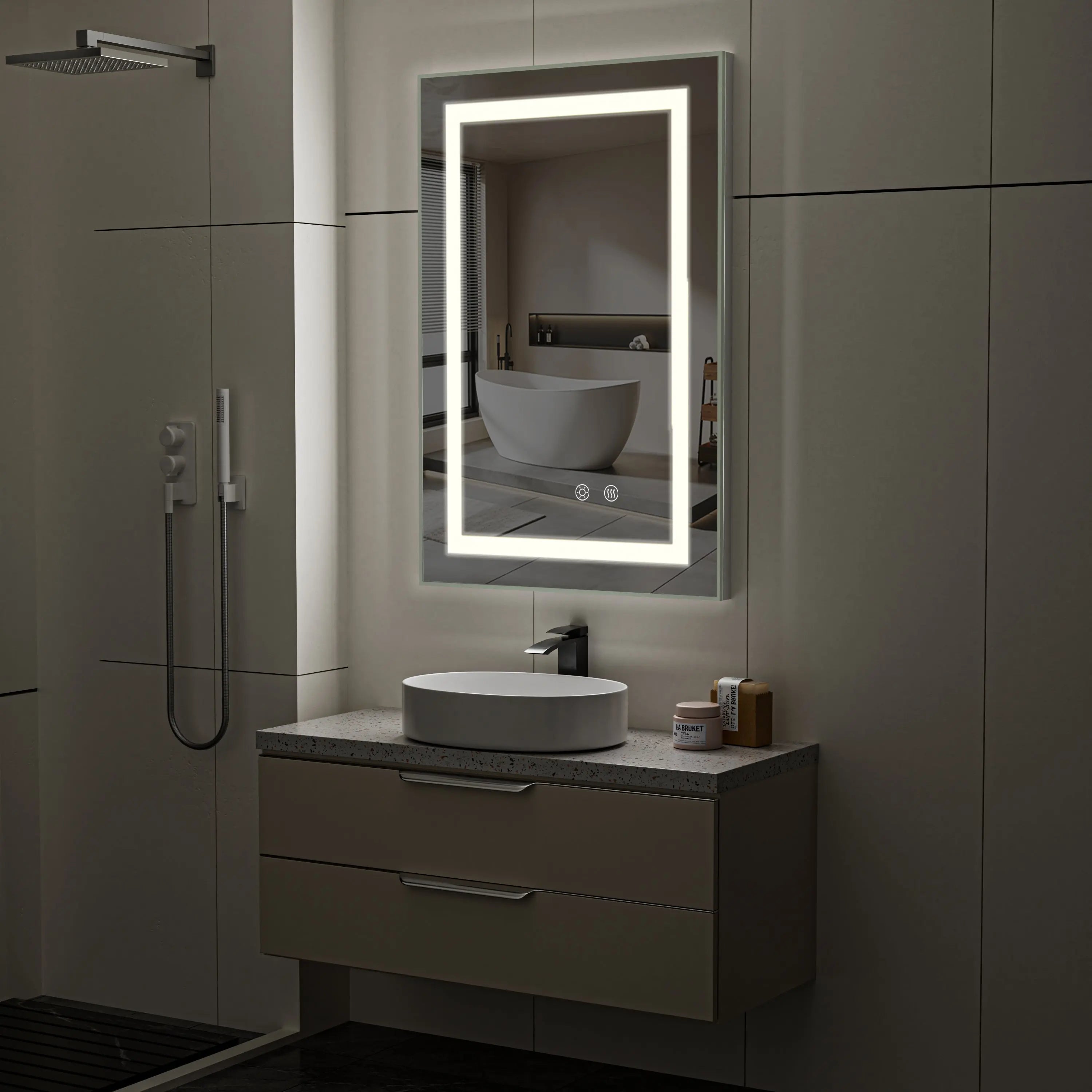 Maquillali Espejo LED De Vanidad para Baño Montado En La Pared, Estilo Rectangular, Led De 3 Colores En Iluminación con Ajustable En Brillo Y Antivaho (40x60 cm, Rectangular) MU:4LIFE MX