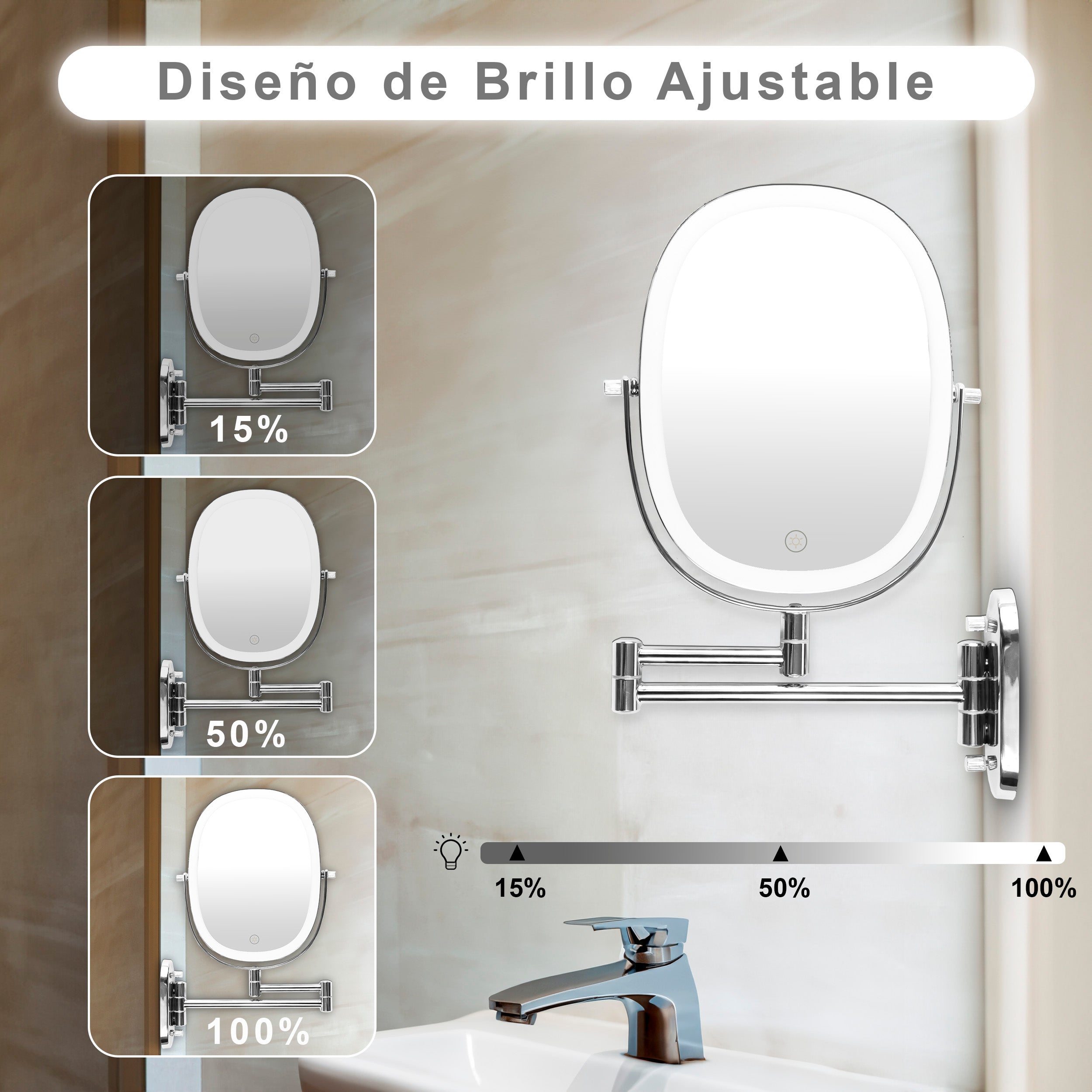 Maquillali-Espejo Oval Recargable con LED 3 Colores, Aumento 1X/5X, Brazo Extensible y Rotación 360