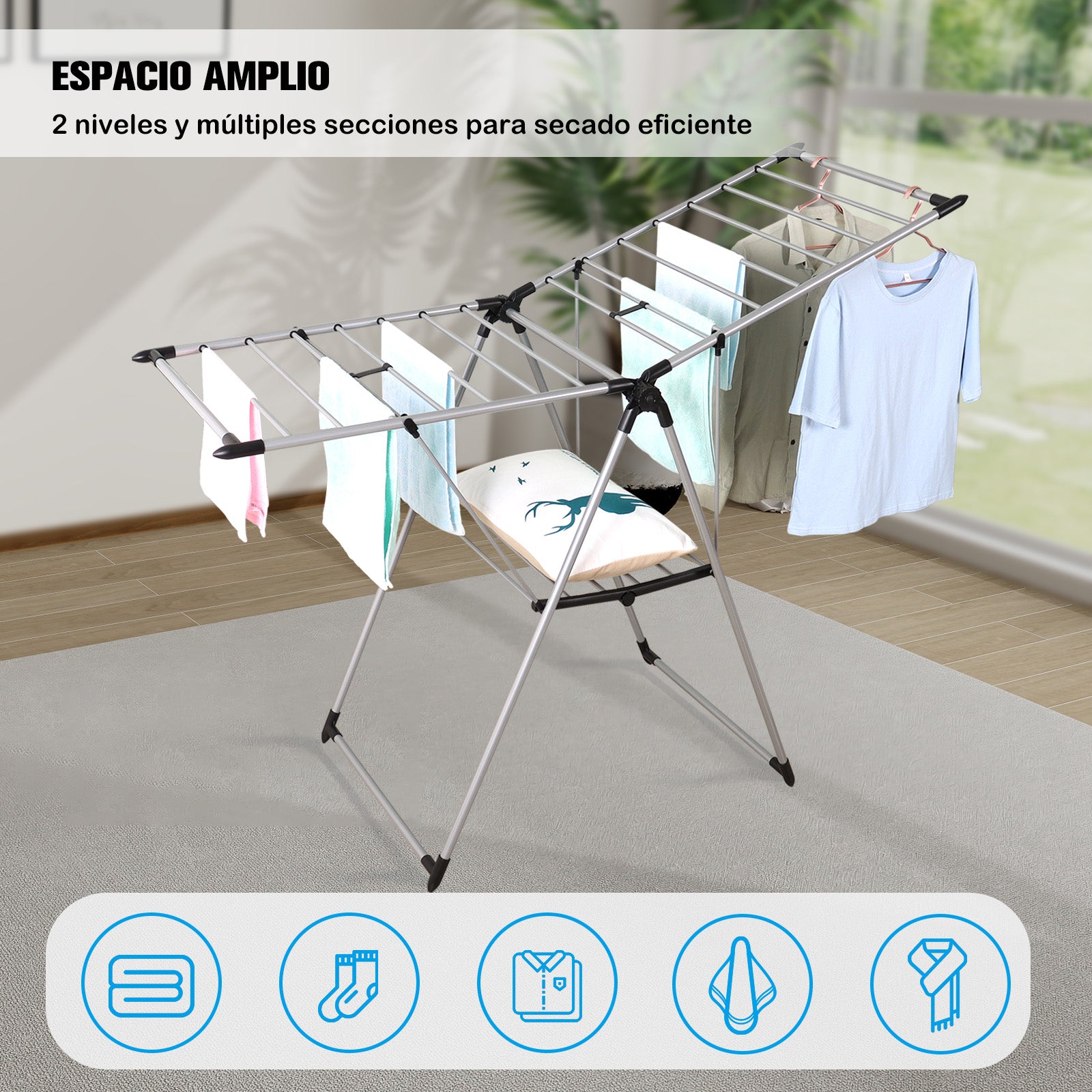 Tendedero de Ropa Plegable con Alas Ajustables, de Acero Inoxidable