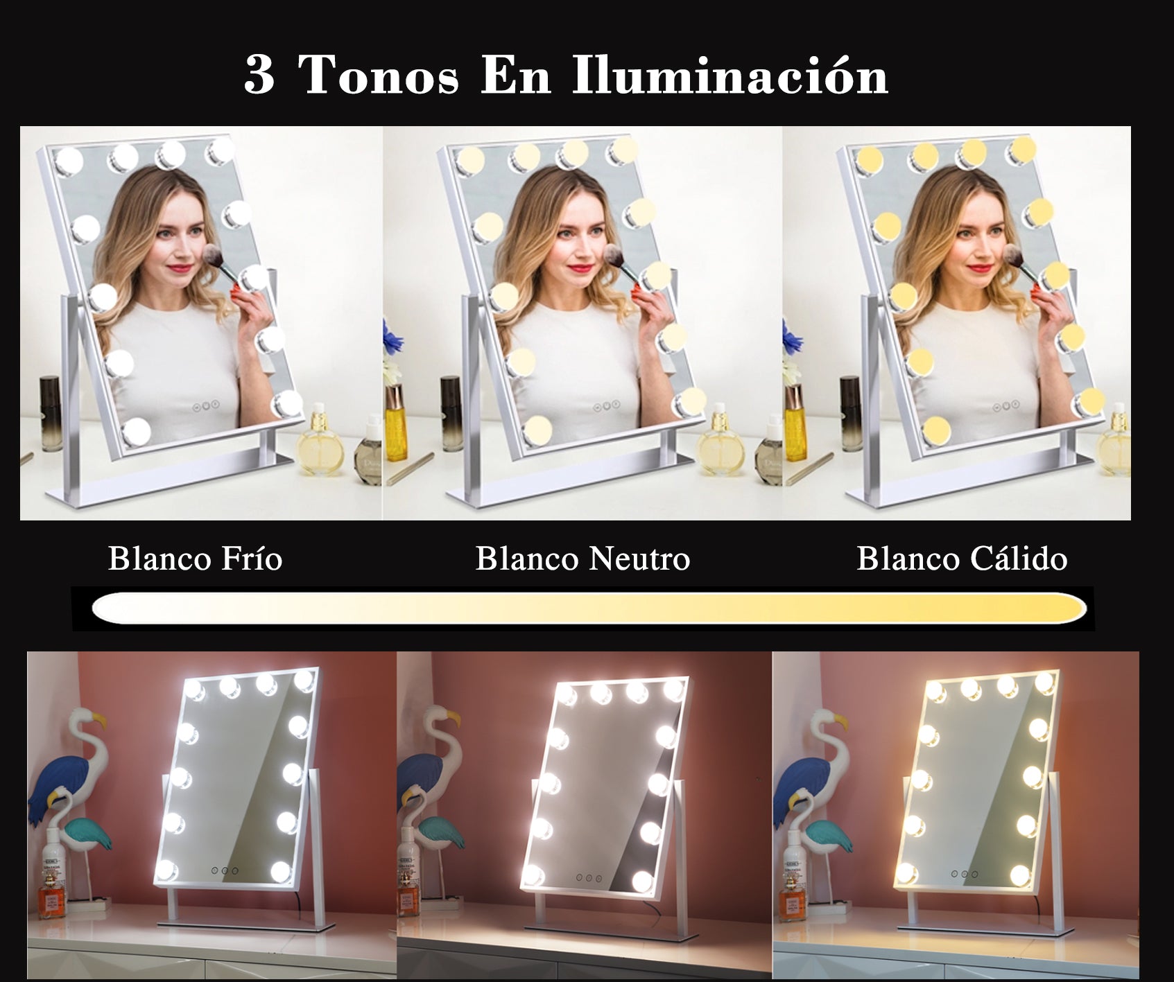 Espejo de maquillaje 12 Bombillas Led Estilo Hollywood Vintage, con espejo de aumento 10x