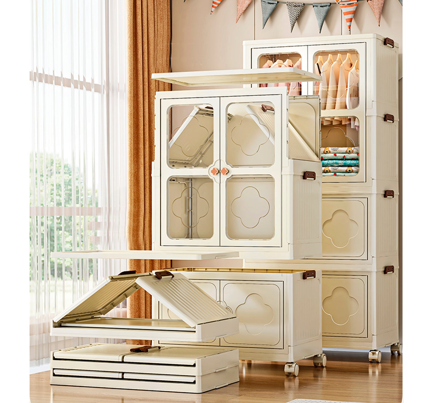 Clóset Plegable con Puertas, Ruedas y Varillas Colgantes, Armario Apilable de Plástico para Ropa