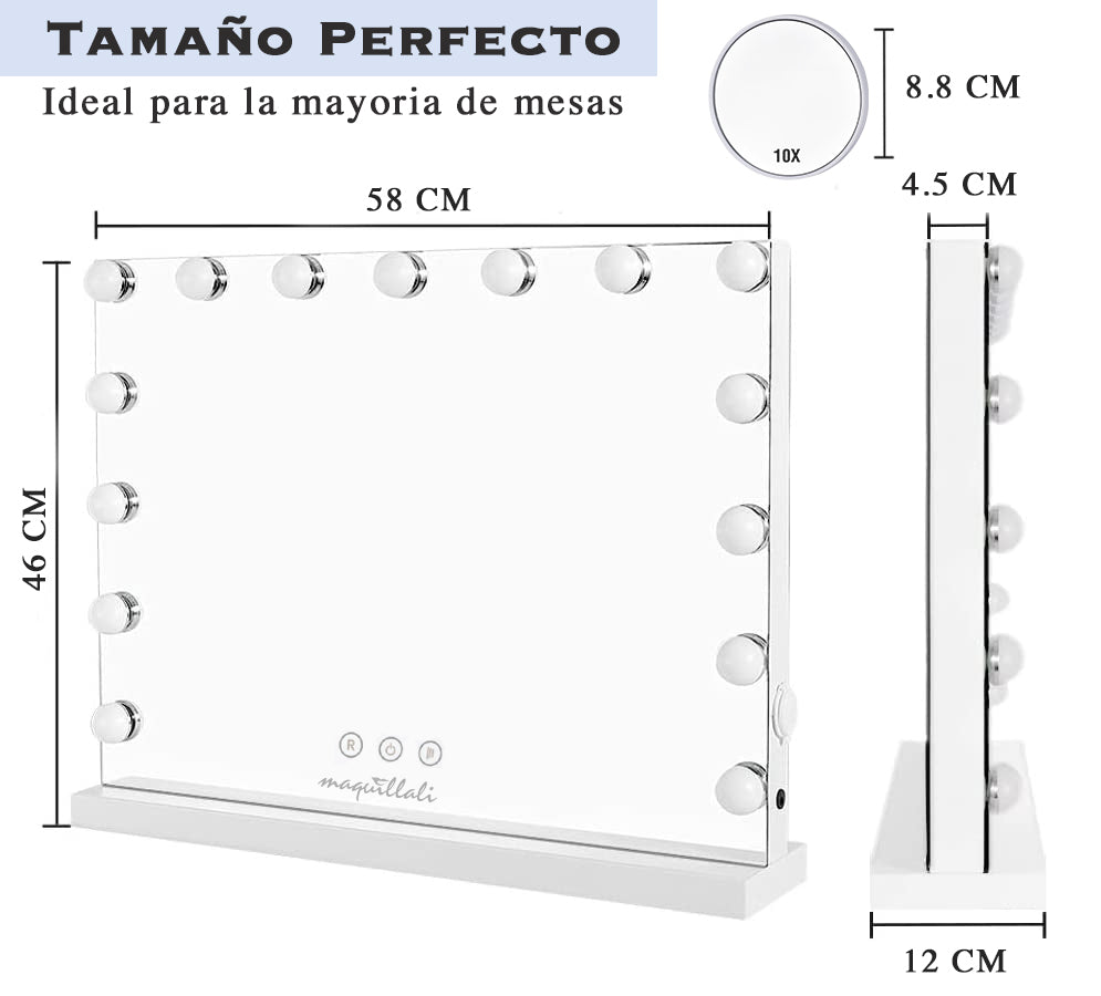 Espejo de maquillaje 15 Bombillas LED estilo Hollywood, con espejo de aumento 10x.