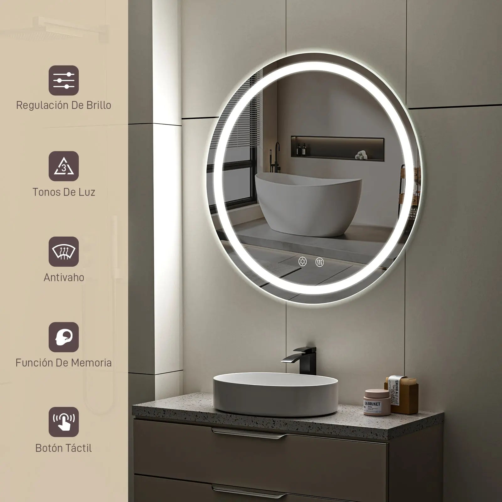 Maquillali Espejo LED De Vanidad para Baño Montado En La Pared, Estilo Redondo, Led De 3 Colores En Iluminación con Ajustable En Brillo Y Antivaho (60 cm, Redondo) MU:4LIFE MX