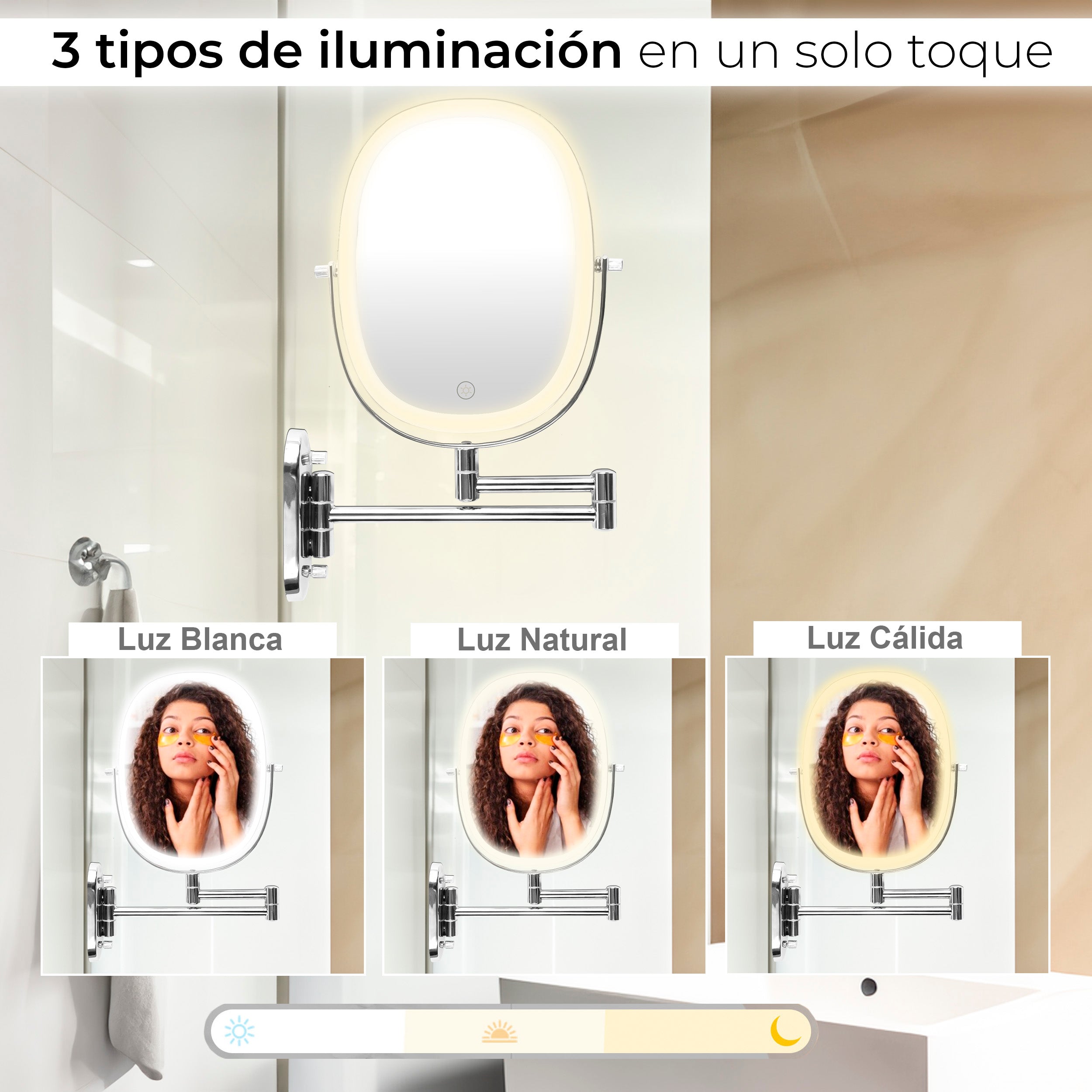 Maquillali-Espejo Oval Recargable con LED 3 Colores, Aumento 1X/5X, Brazo Extensible y Rotación 360