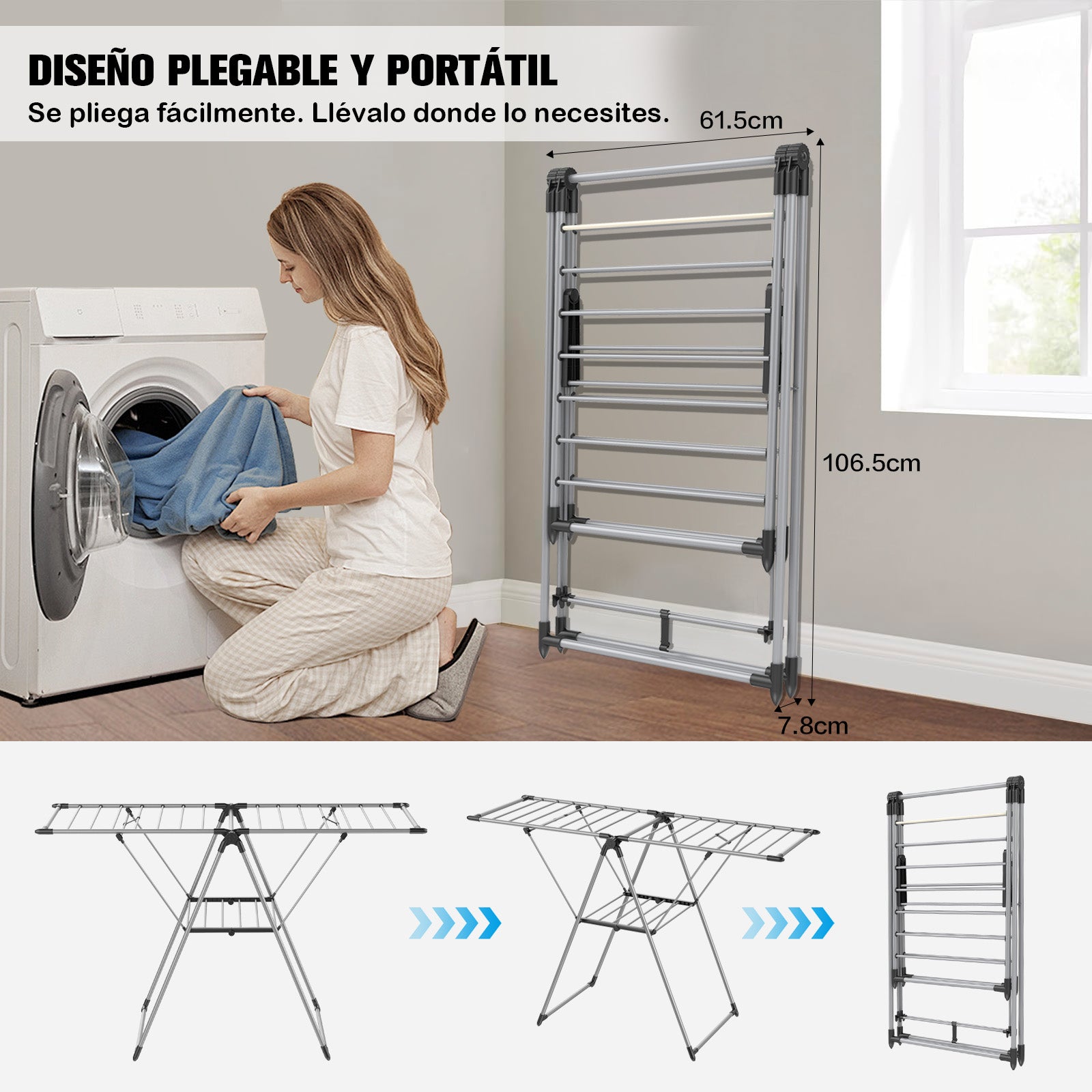 Tendedero de Ropa Plegable con Alas Ajustables, de Acero Inoxidable